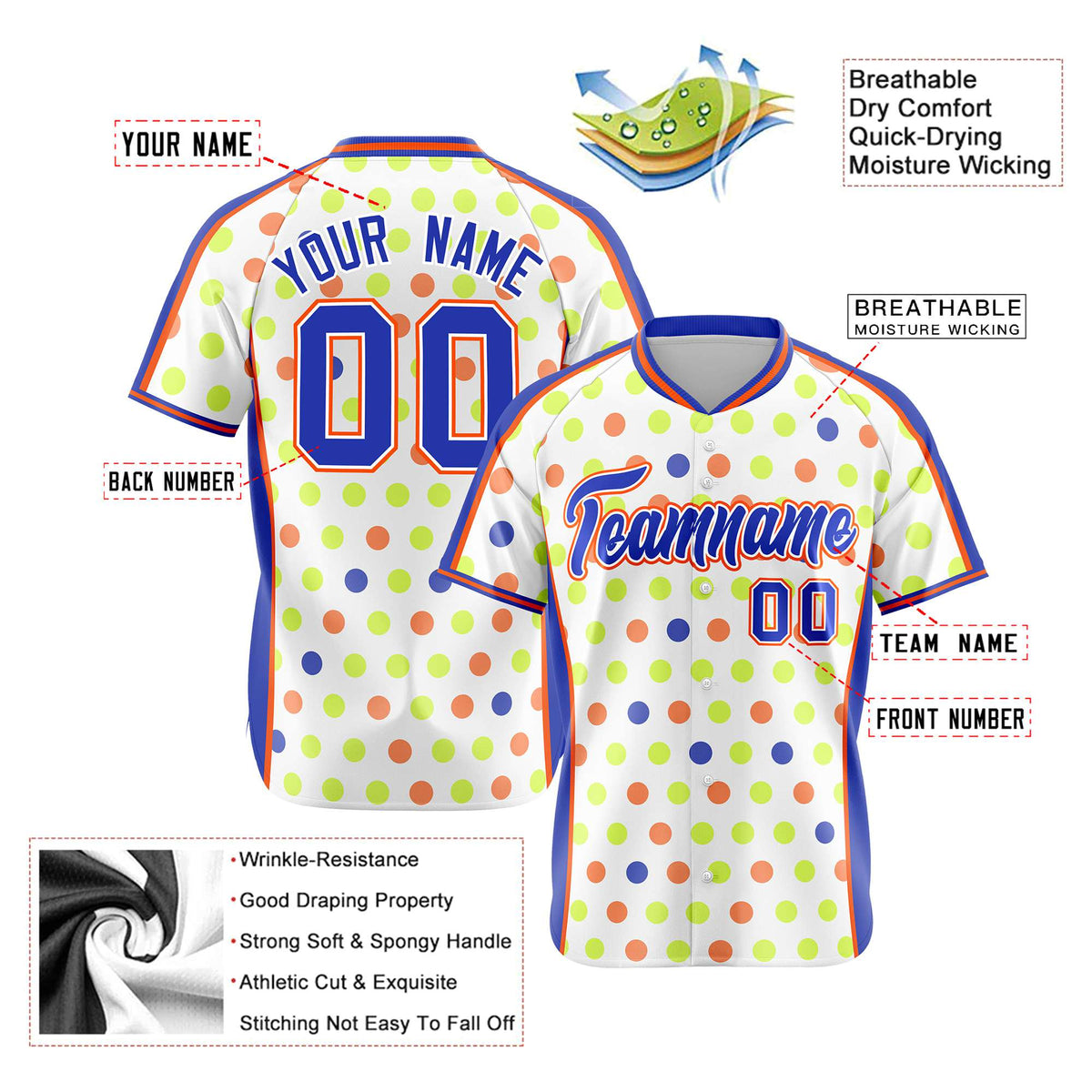Custom White Royal Blue Orange Authentic Polka Dot Fashion Baseball Jersey