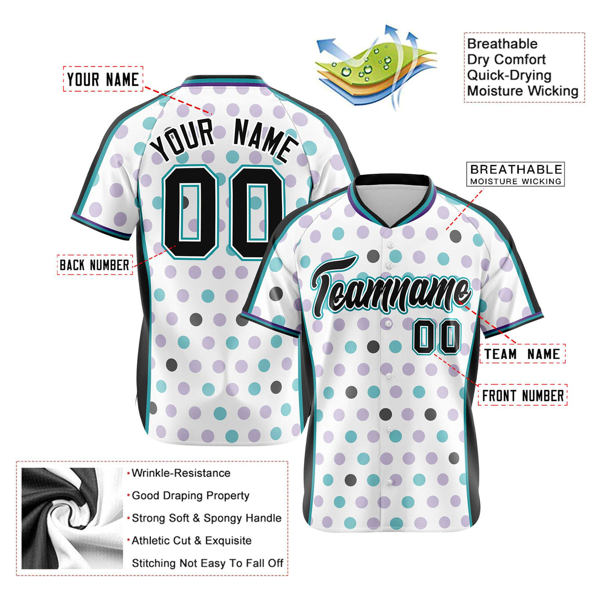 Custom White Black Aqua Authentic Polka Dot Fashion Baseball Jersey