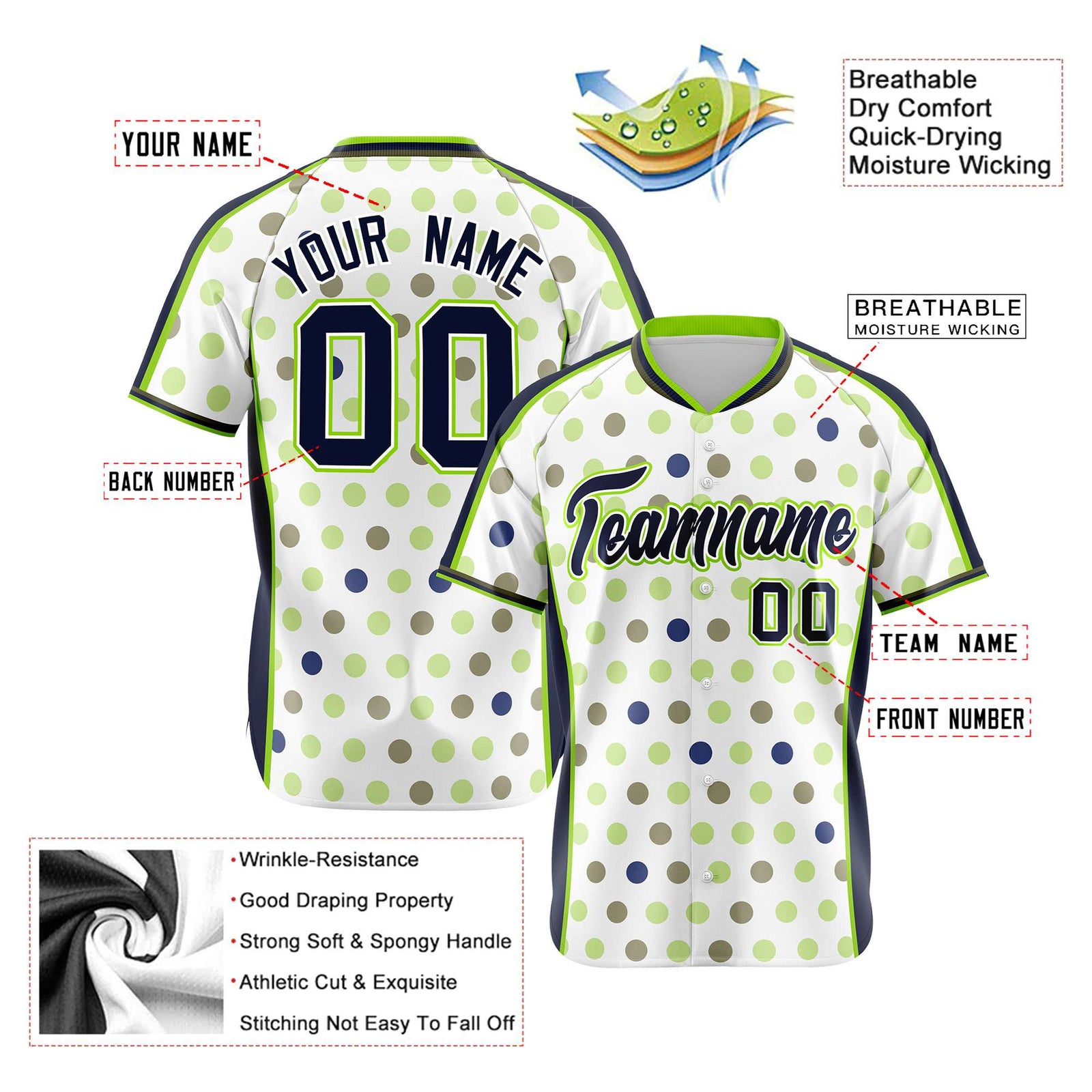 Custom White Navy Neon Green Authentic Polka Dot Fashion Baseball Jersey