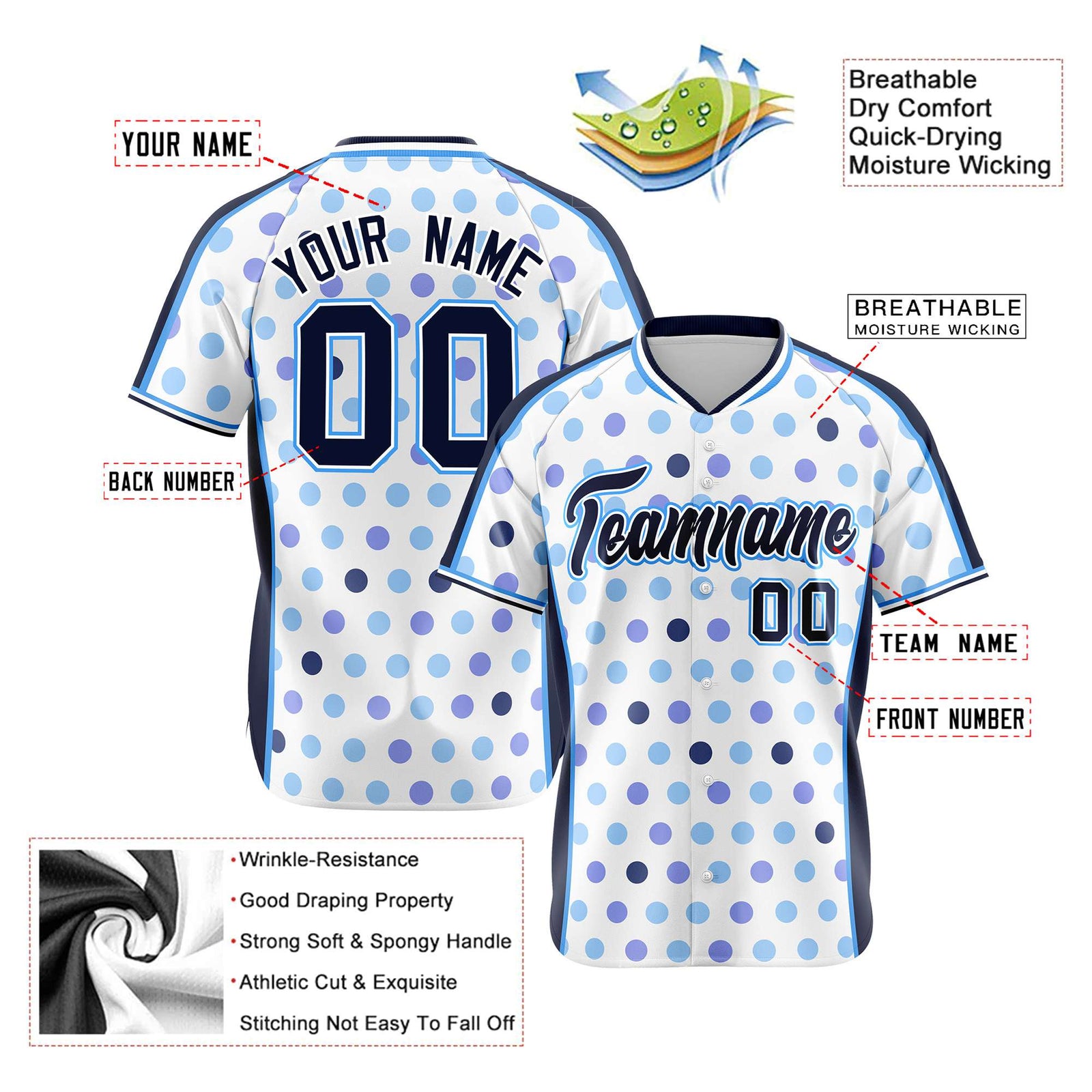 Custom White Navy Powder Blue Navy Authentic Polka Dot Fashion Baseball Jersey