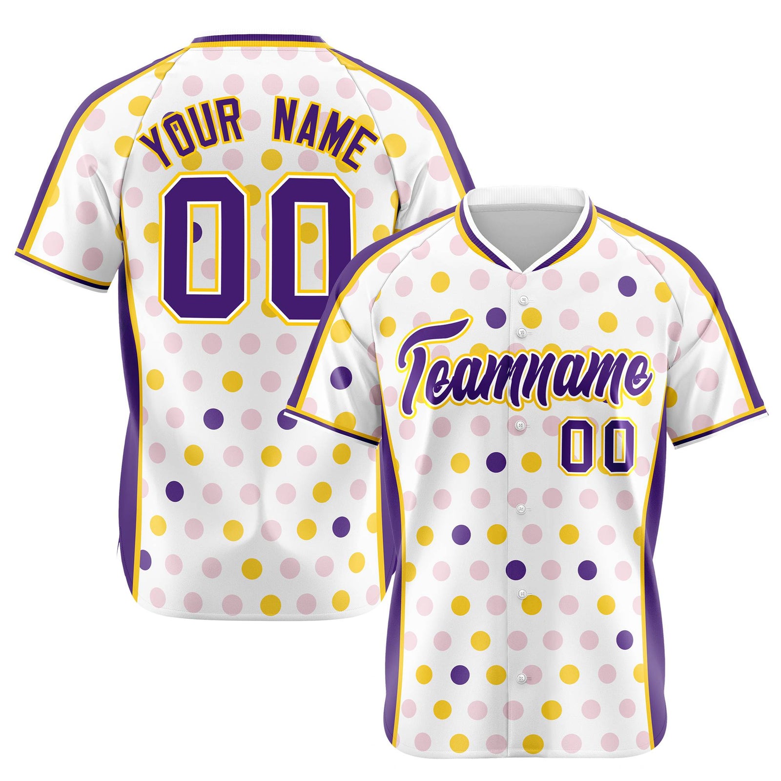 Custom White Purple Gold Authentic Polka Dot Fashion Baseball Jersey