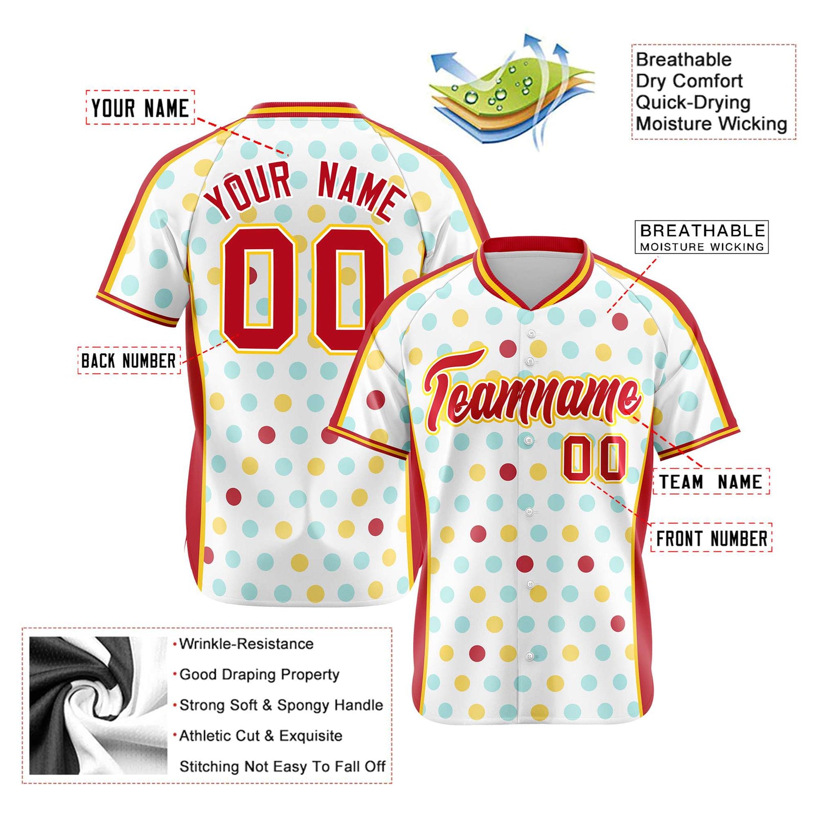 Custom White Red Gold Authentic Polka Dot Fashion Baseball Jersey