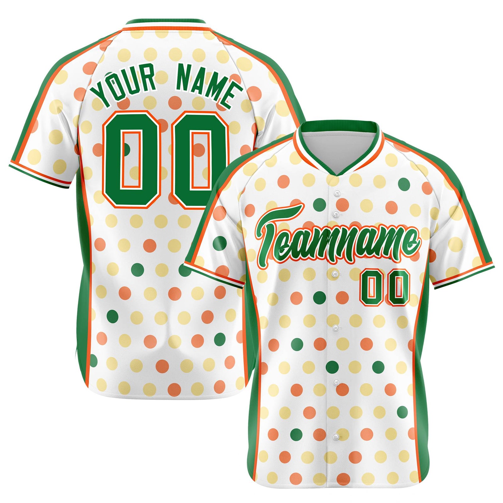 Custom White Kelly Green Orange Gold Authentic Polka Dot Fashion Baseball Jersey