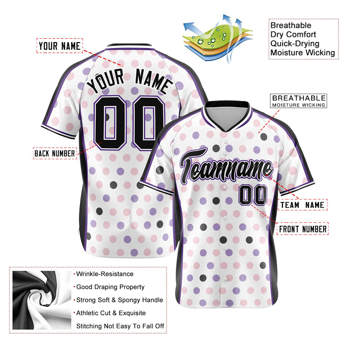 Custom White Black Pink Authentic Polka Dot Fashion Baseball Jersey
