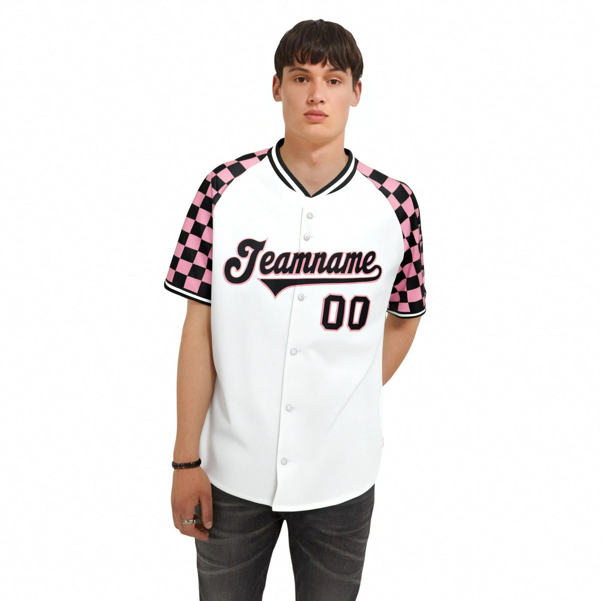 Custom White Light Pink-Black Authentic Plaid sleeve Baseball Jersey