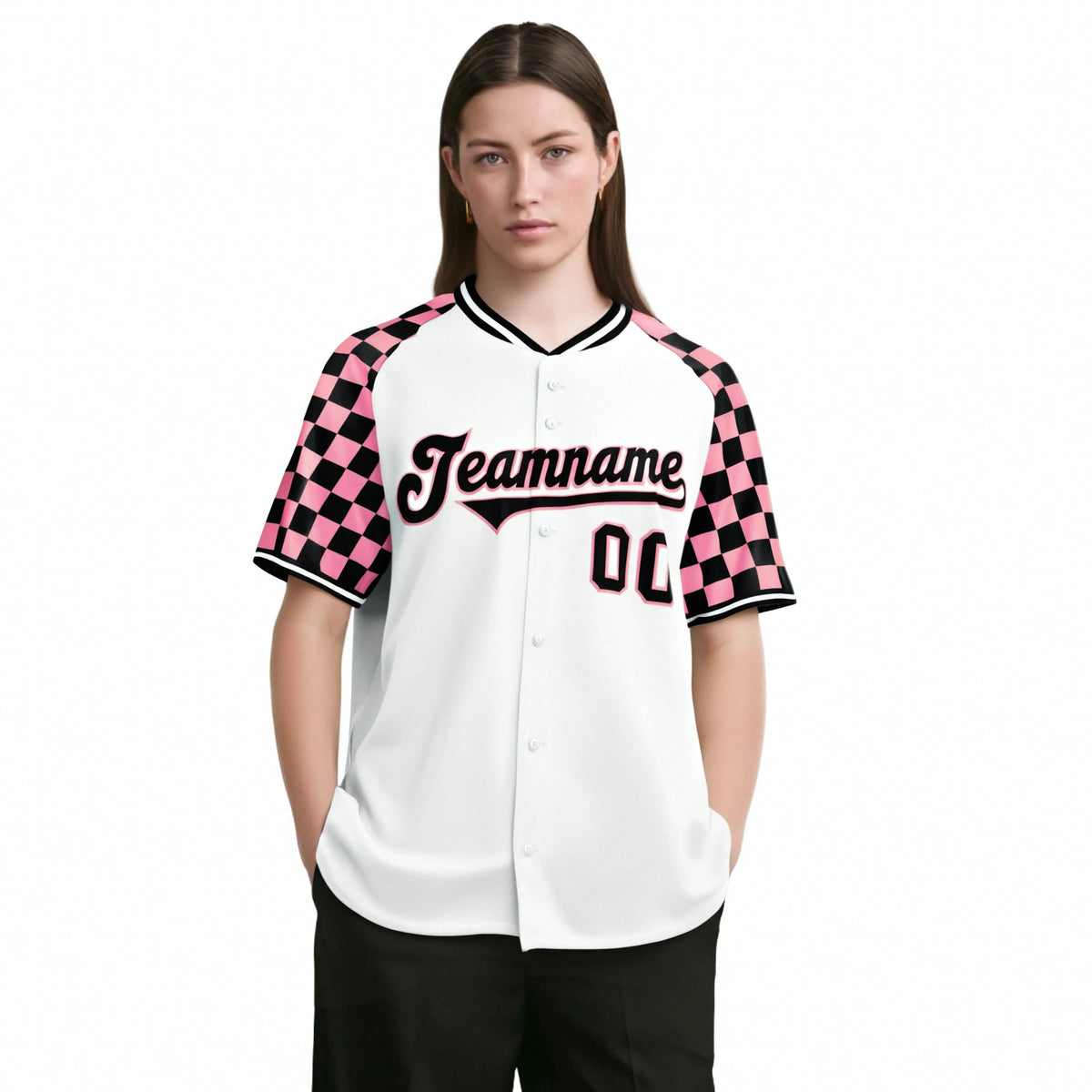 Custom White Light Pink-Black Authentic Plaid sleeve Baseball Jersey