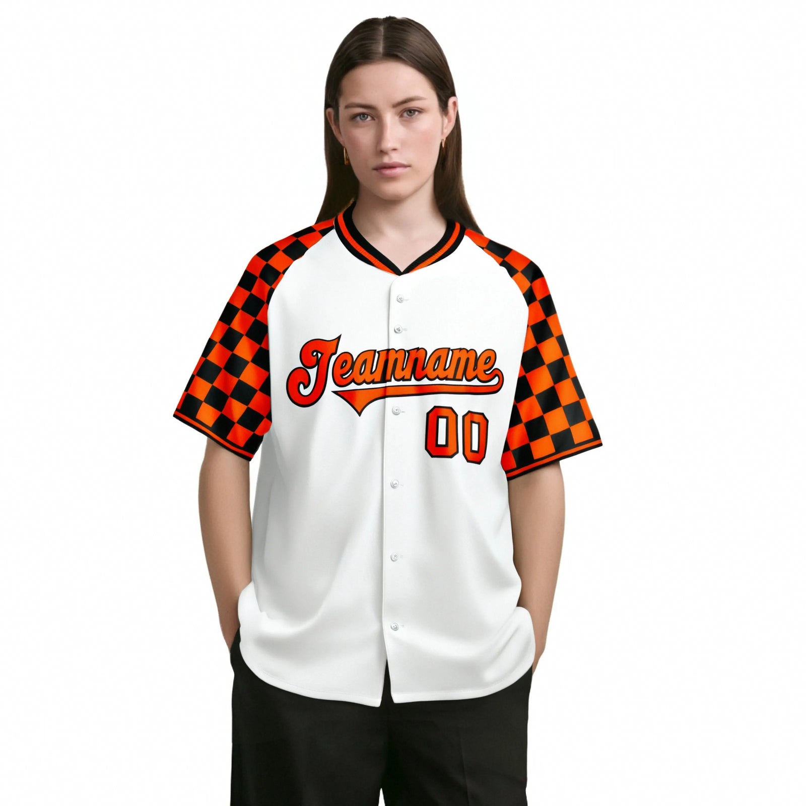 Custom White Orange-Black Authentic Plaid sleeve Baseball Jersey