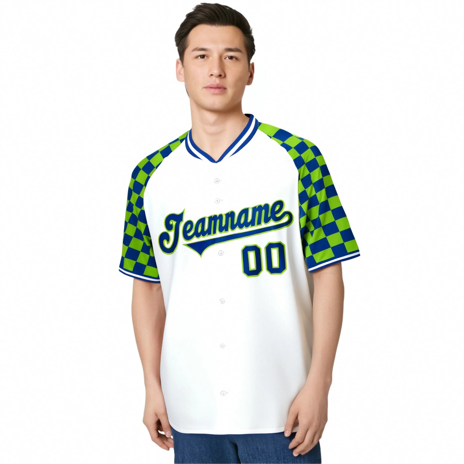 Custom White Neon Green-Royal Blue Authentic Plaid sleeve Baseball Jersey
