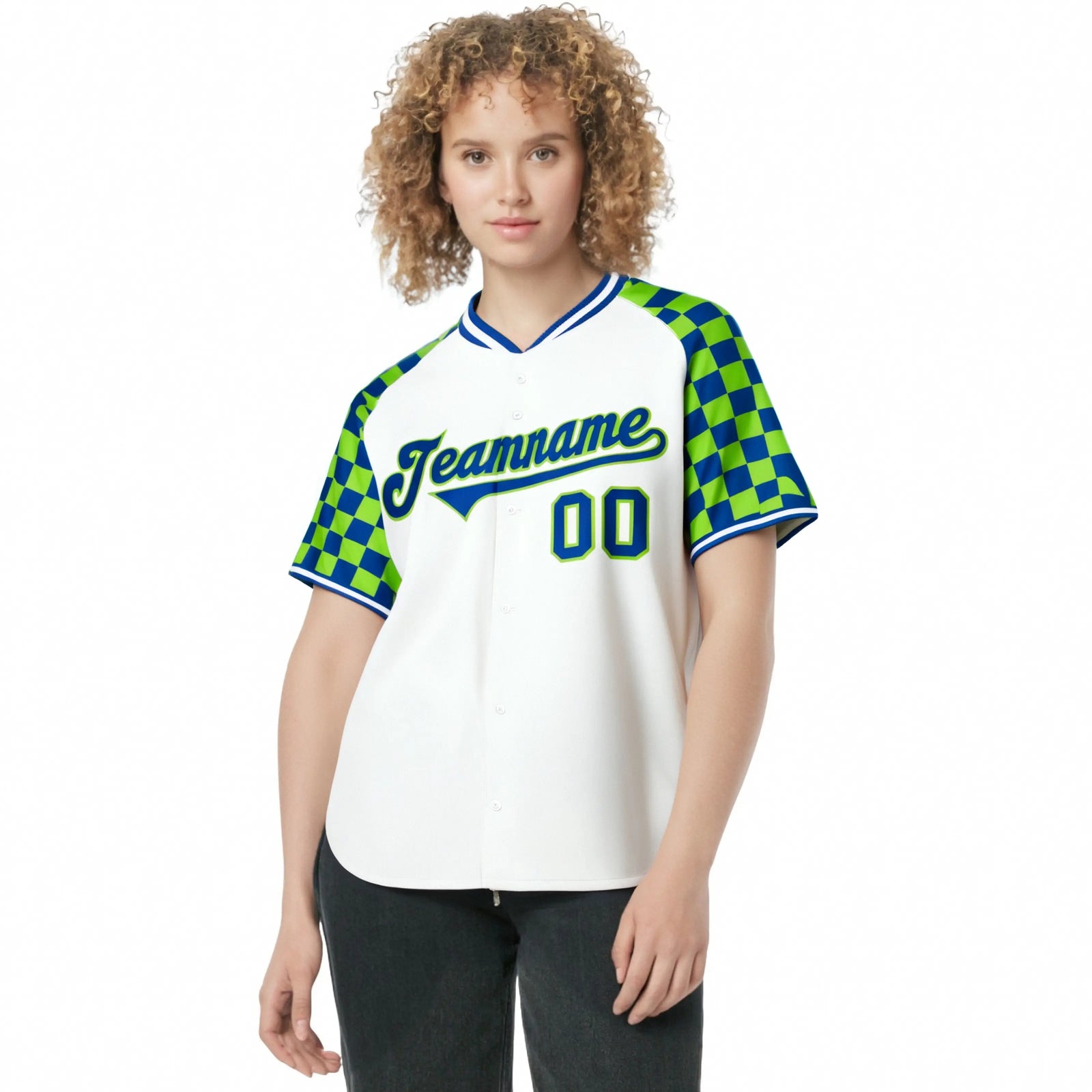 Custom White Neon Green-Royal Blue Authentic Plaid sleeve Baseball Jersey