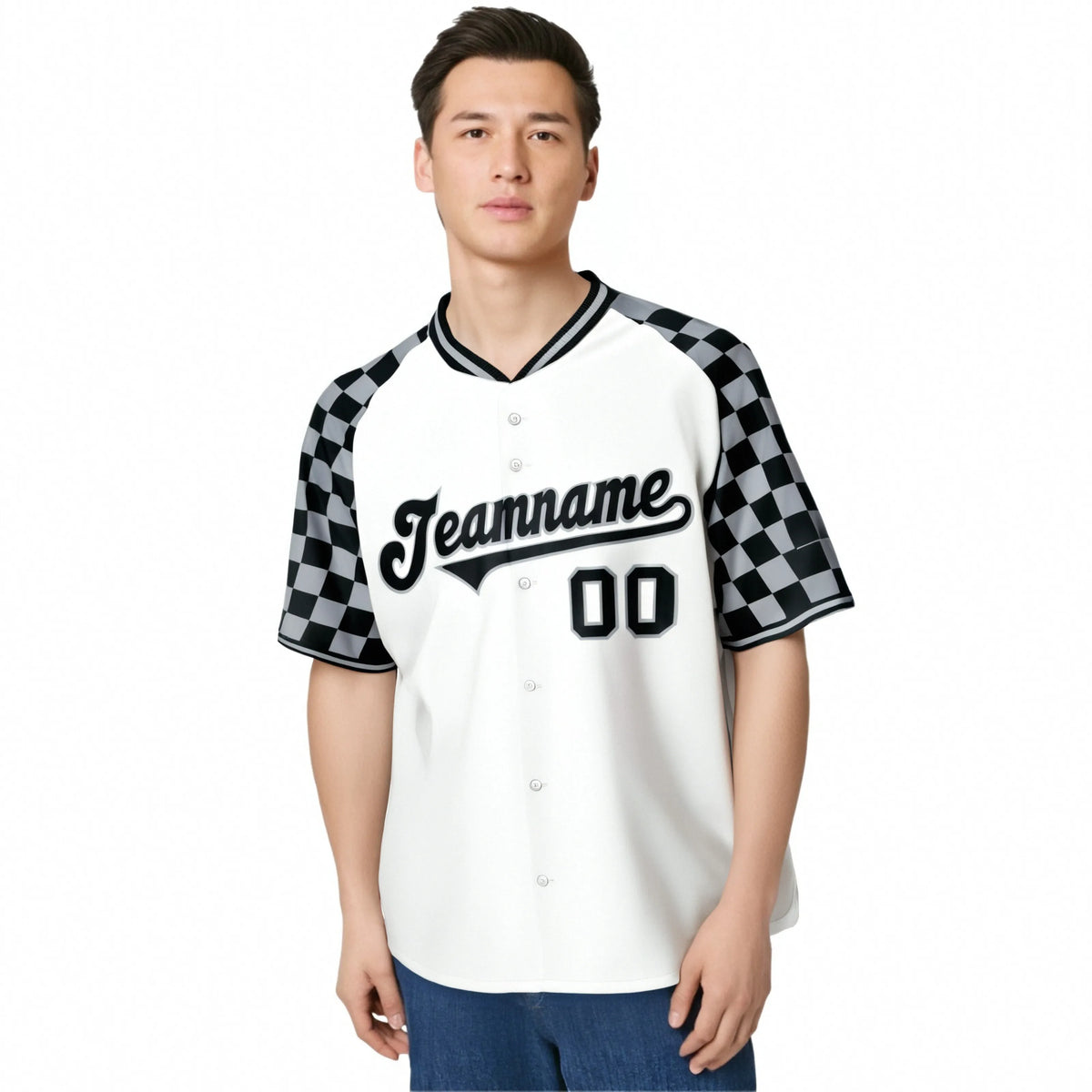 Custom White Gray-Black Authentic Plaid sleeve Baseball Jersey