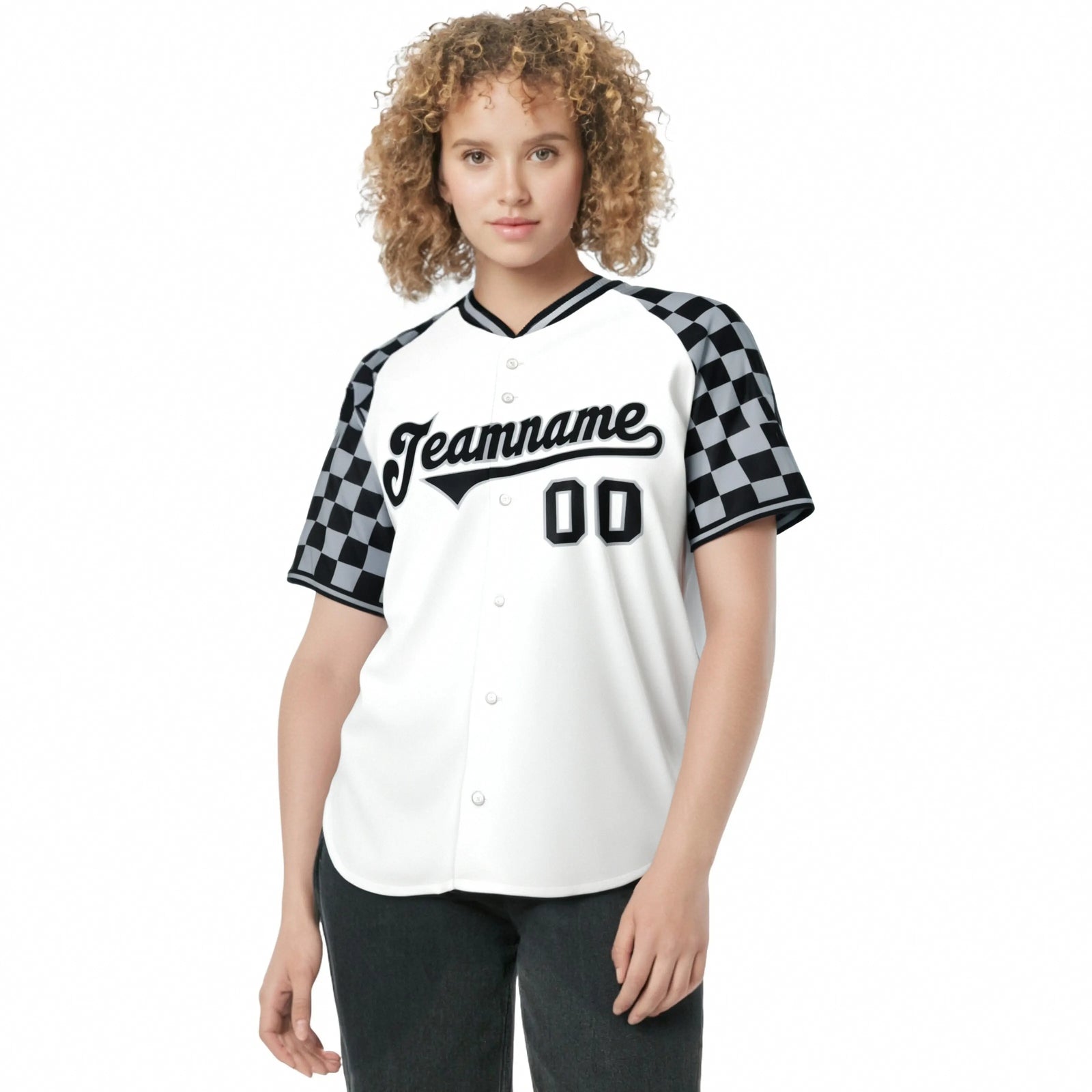 Custom White Gray-Black Authentic Plaid sleeve Baseball Jersey