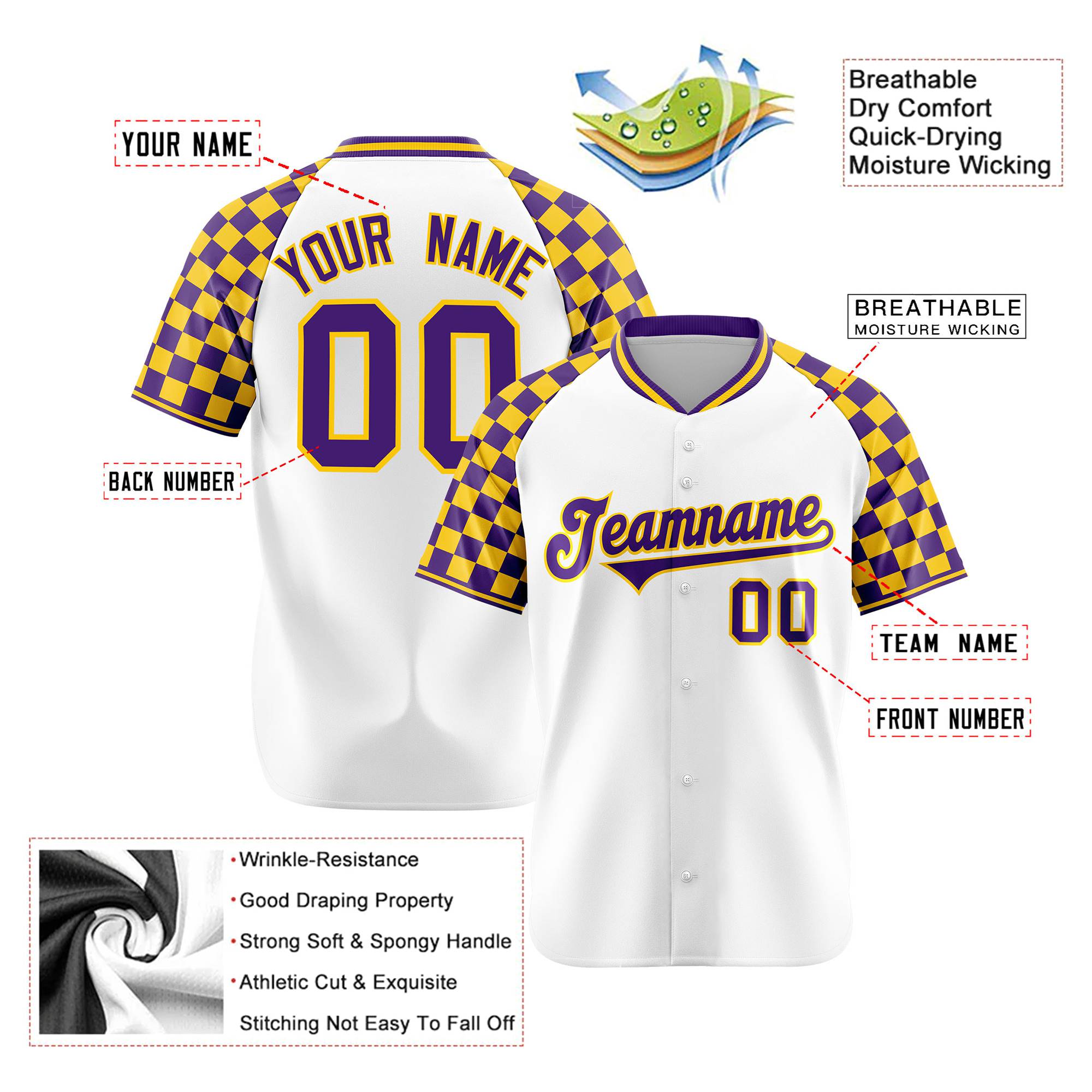 Custom White Gold-Purple Authentic Plaid Sleeve Baseball Jersey