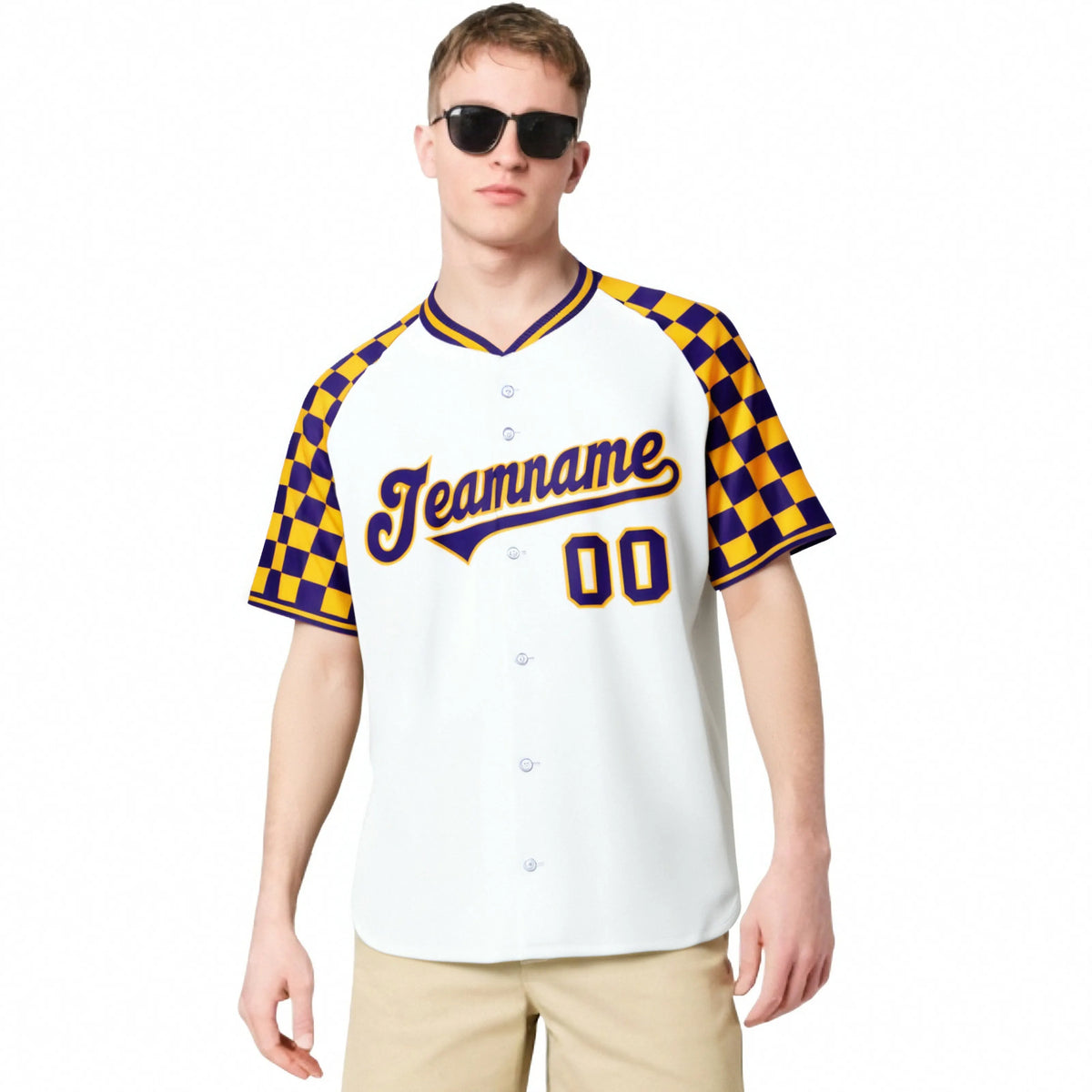 Custom White Gold-Purple Authentic Plaid Sleeve Baseball Jersey