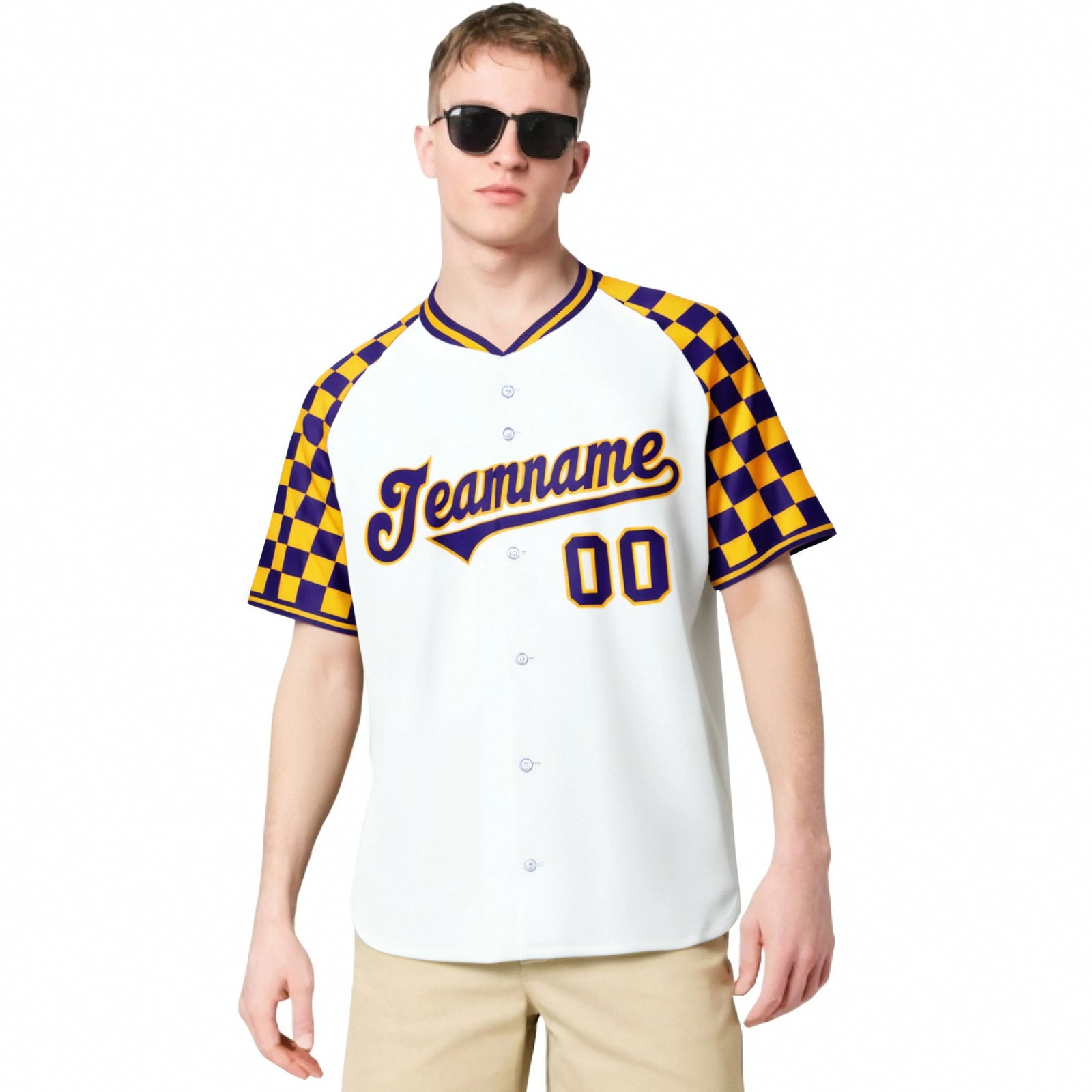 Custom White Gold-Purple Authentic Plaid Sleeve Baseball Jersey