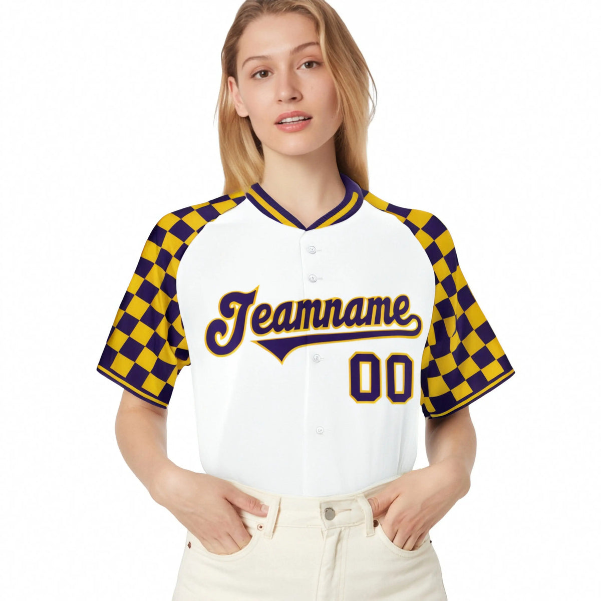 Custom White Gold-Purple Authentic Plaid Sleeve Baseball Jersey
