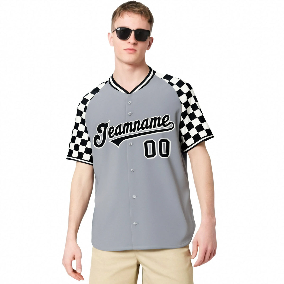 Custom Gray Black-White Authentic Plaid sleeve Baseball Jersey