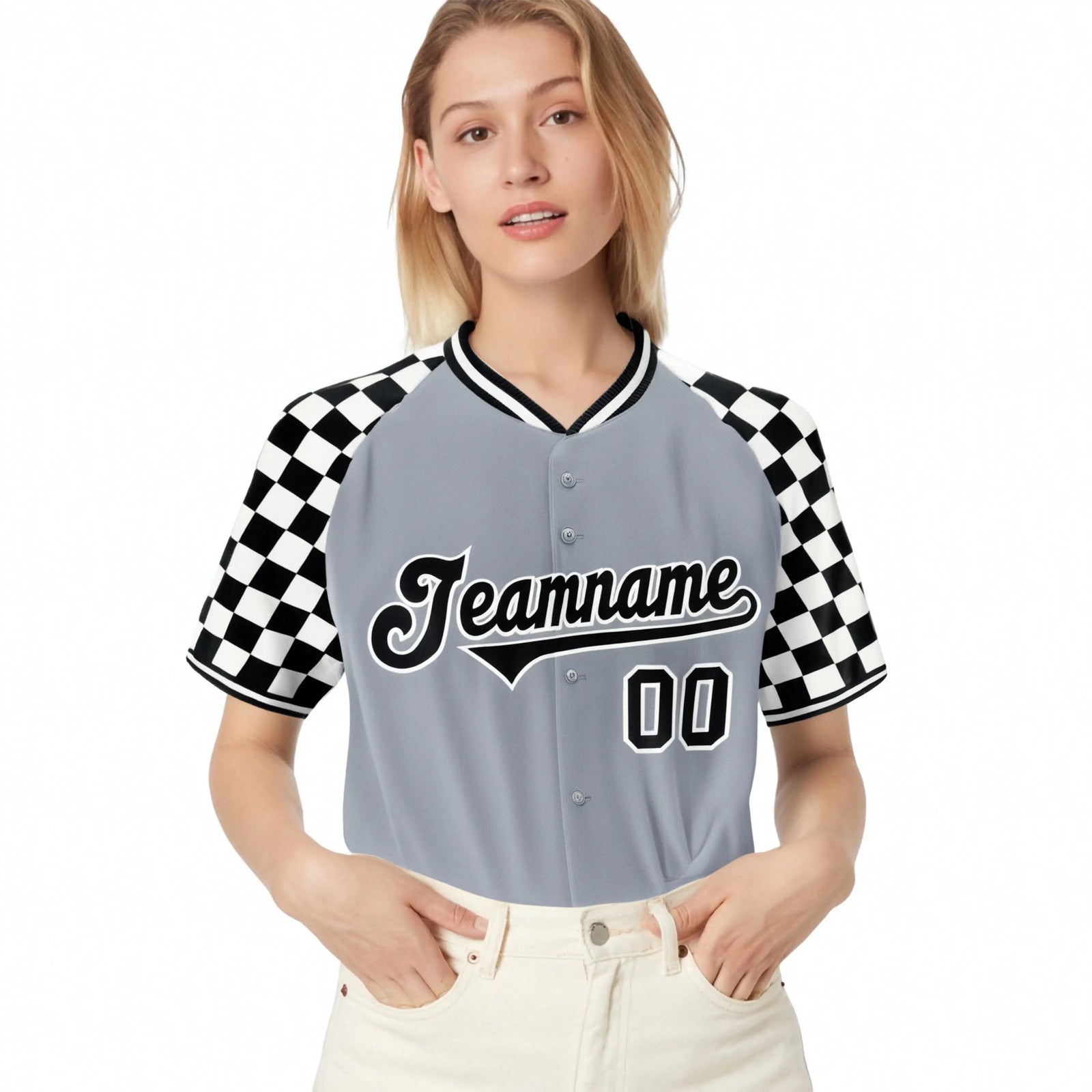 Custom Gray Black-White Authentic Plaid sleeve Baseball Jersey