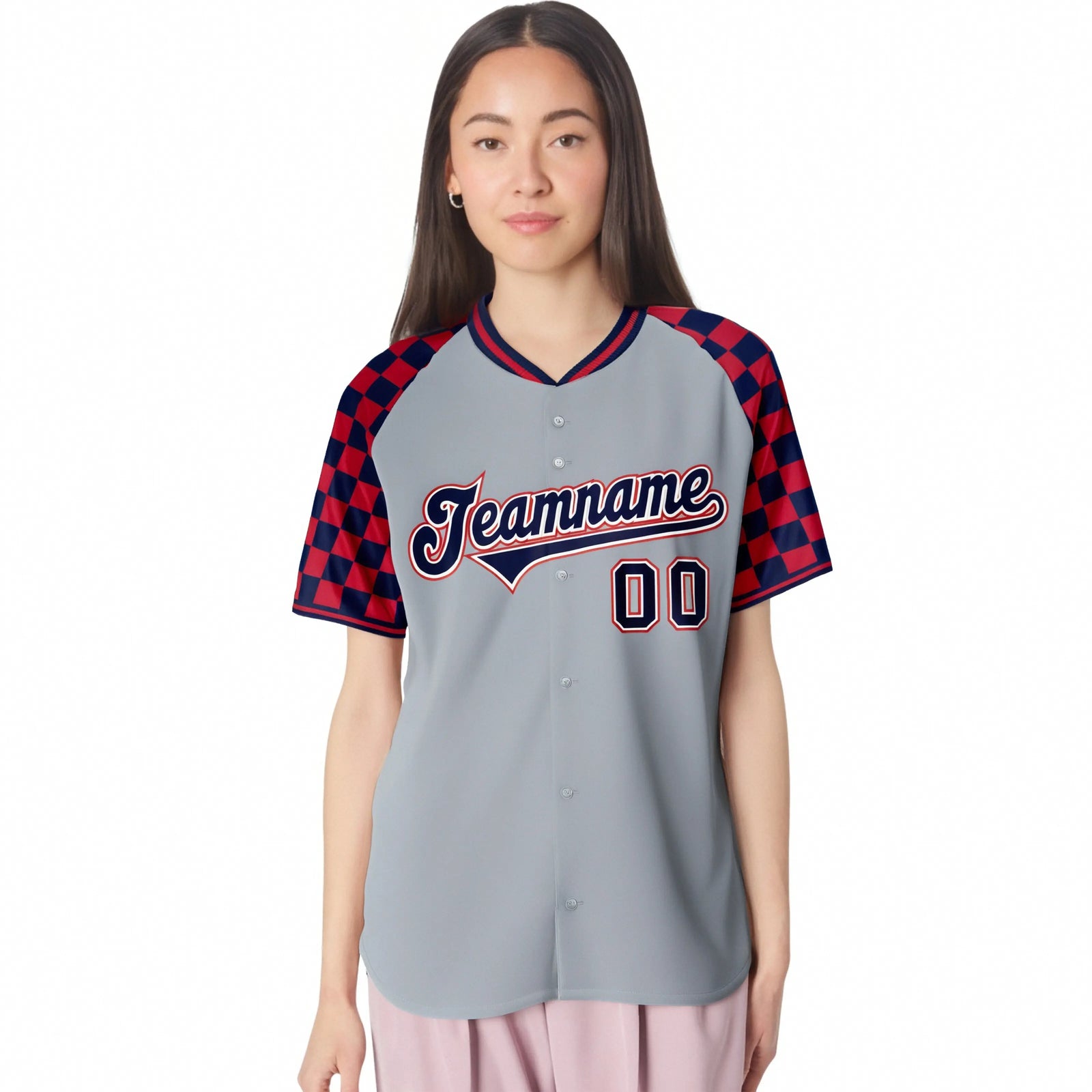 Custom Gray Navy-Red Authentic Plaid Sleeve Baseball Jersey