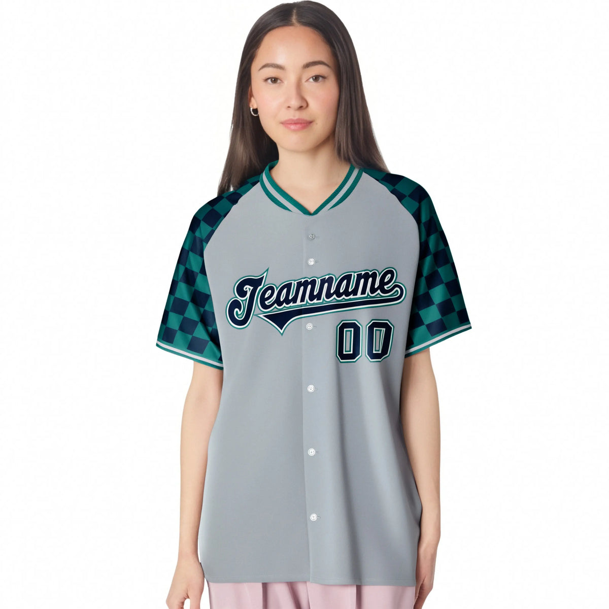 Custom Gray Navy-Aqua Authentic Plaid Sleeve Baseball Jersey