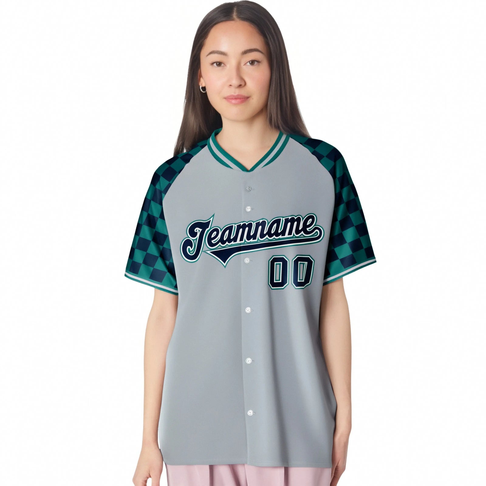 Custom Gray Navy-Aqua Authentic Plaid Sleeve Baseball Jersey