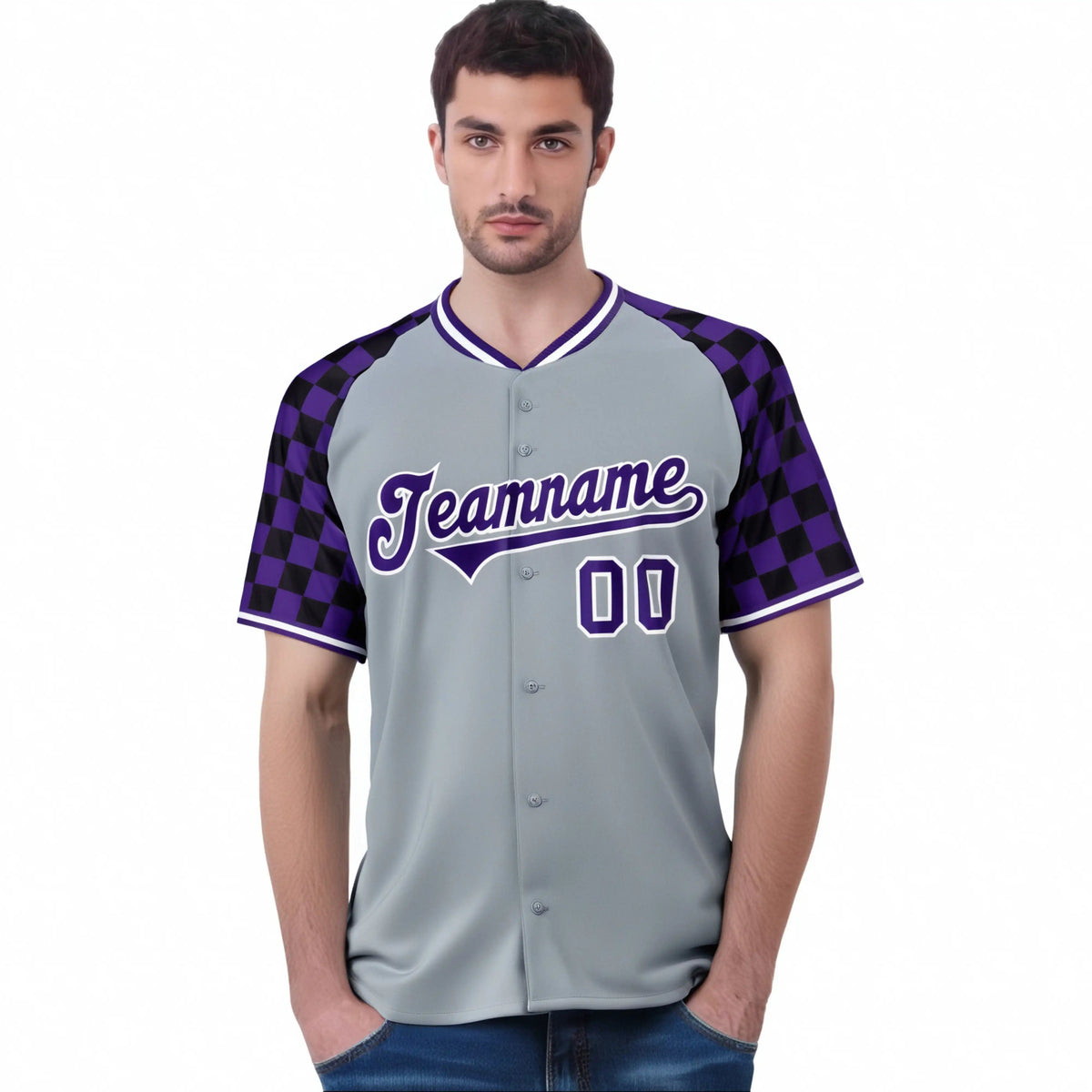 Custom Gray Purple-Black Authentic Plaid Sleeve Baseball Jersey