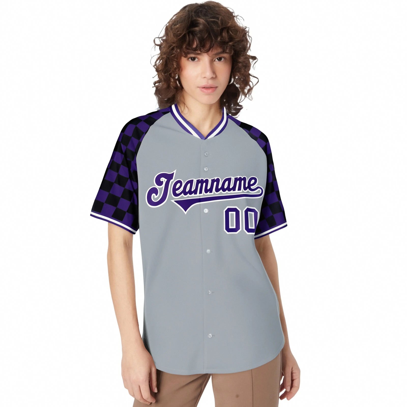 Custom Gray Purple-Black Authentic Plaid Sleeve Baseball Jersey