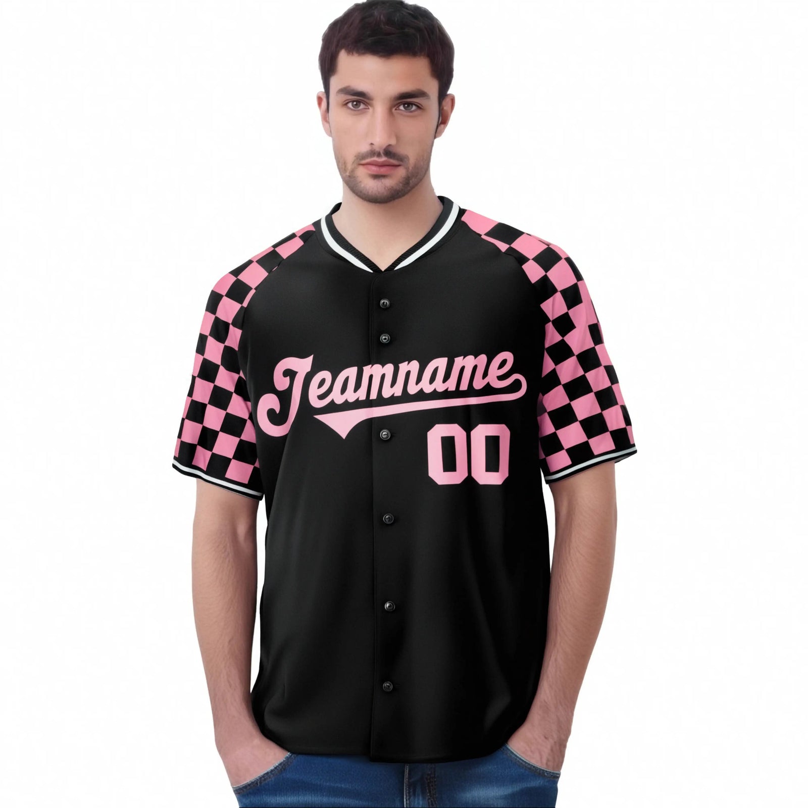 Custom Black Light Pink Authentic Plaid Sleeve Baseball Jersey