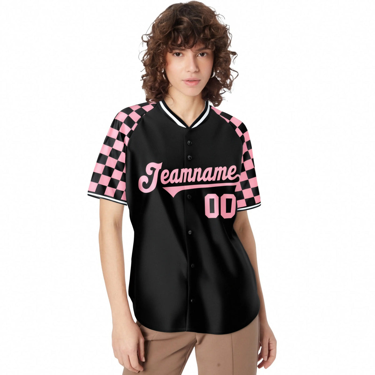 Custom Black Light Pink Authentic Plaid Sleeve Baseball Jersey