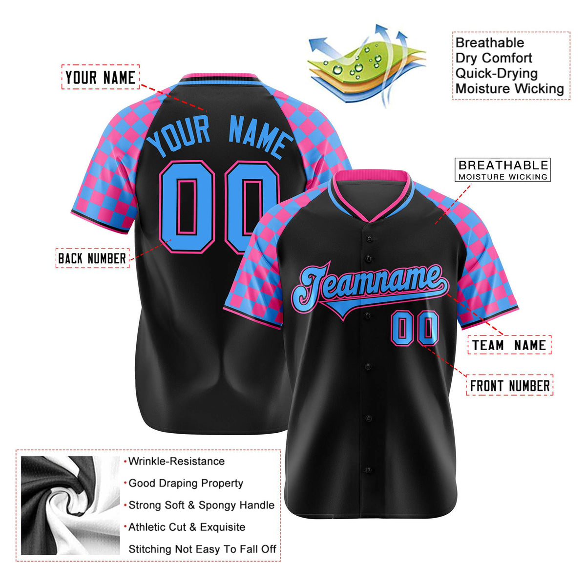 Custom Black Pink-Powder Blue Authentic Plaid Sleeve Baseball Jersey