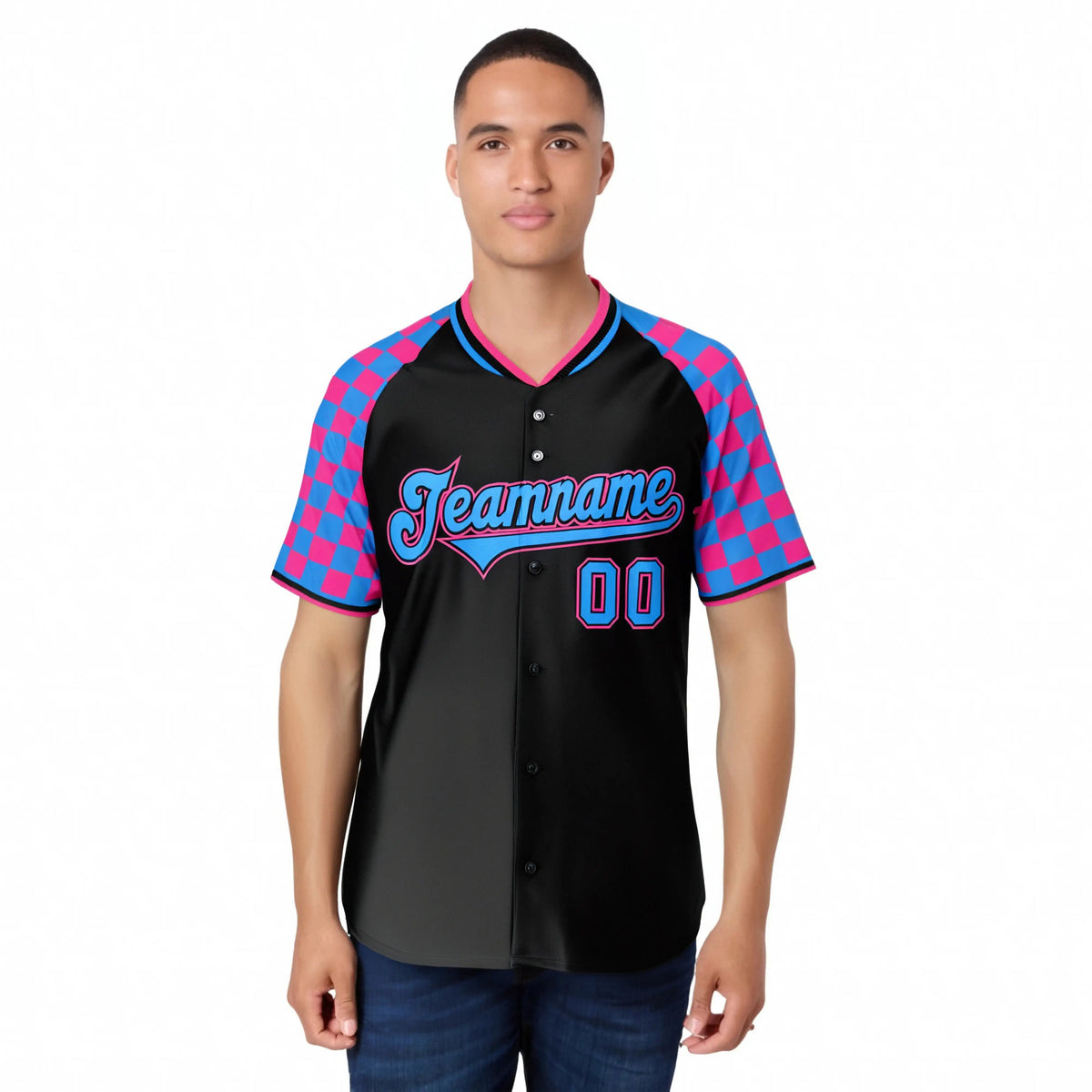 Custom Black Pink-Powder Blue Authentic Plaid Sleeve Baseball Jersey