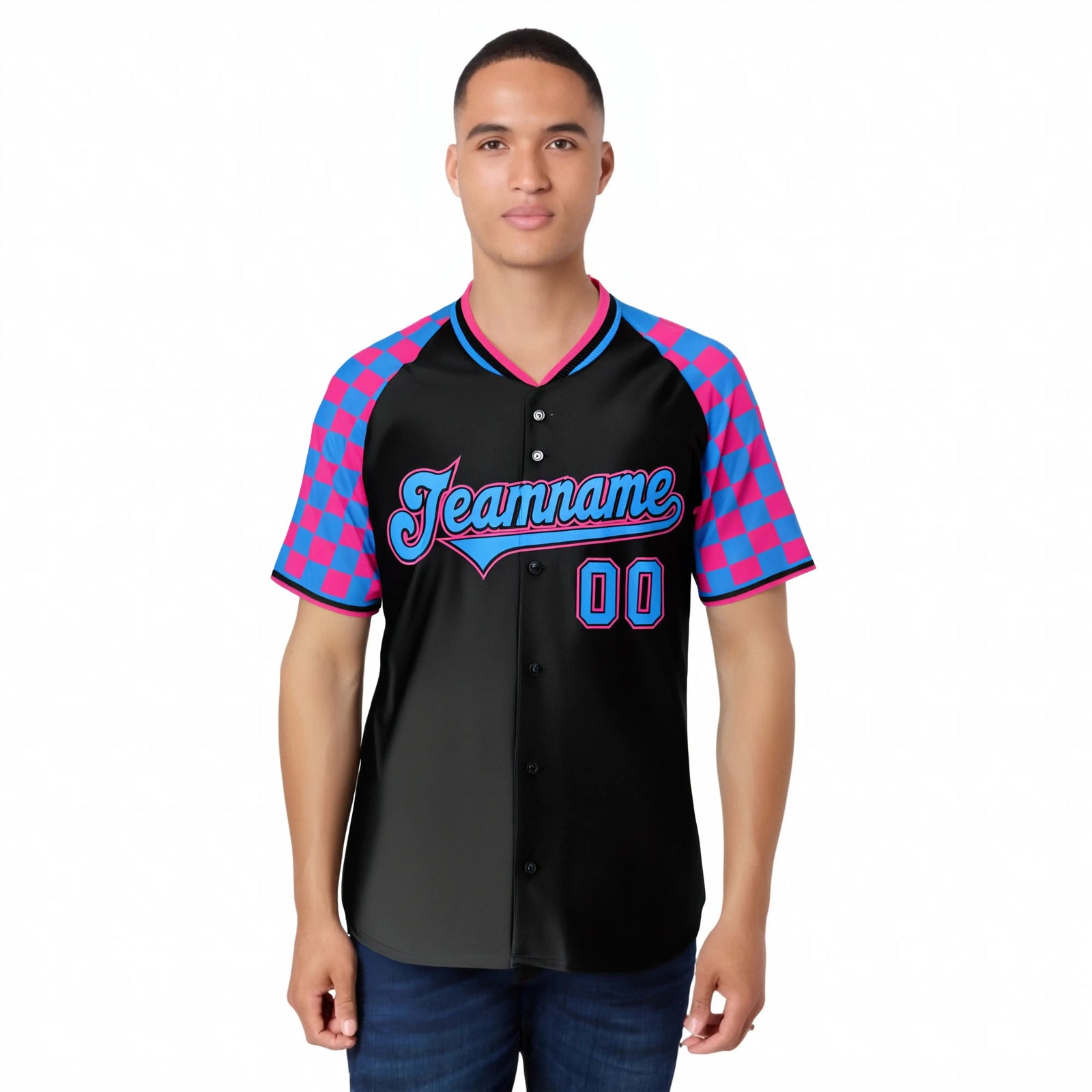 Custom Black Pink-Powder Blue Authentic Plaid Sleeve Baseball Jersey
