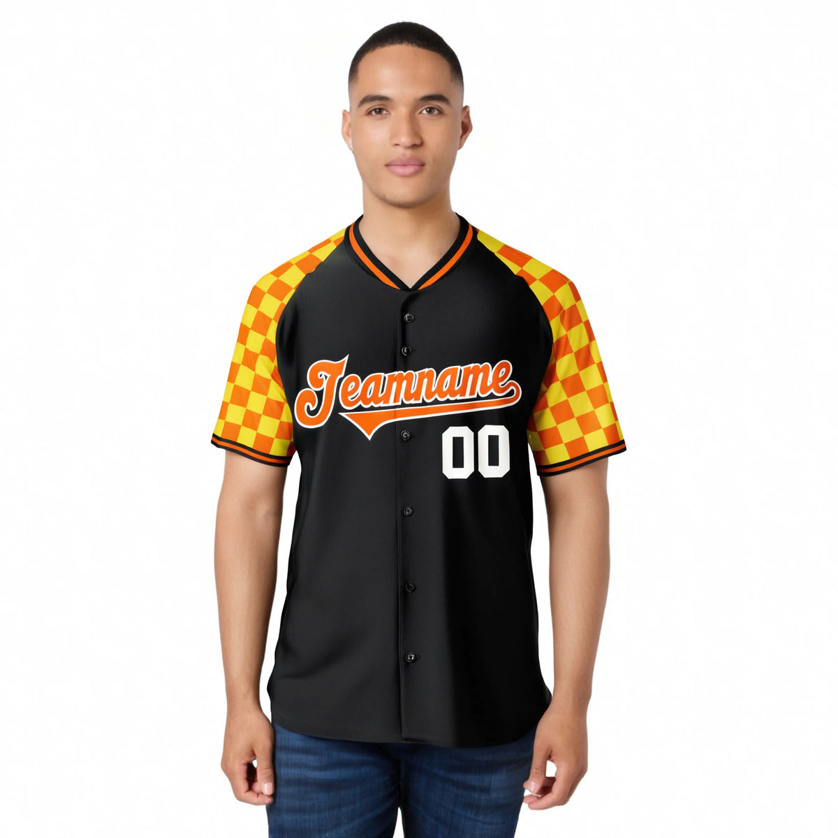 Custom Black Orange-Gold Authentic Plaid Sleeve Baseball Jersey