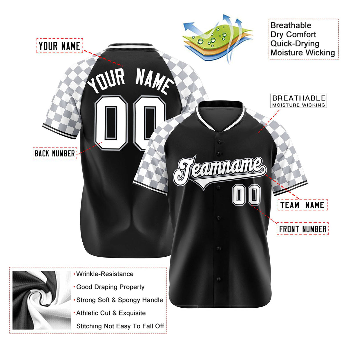 Custom Black Gray-White Authentic Plaid Sleeve Baseball Jersey