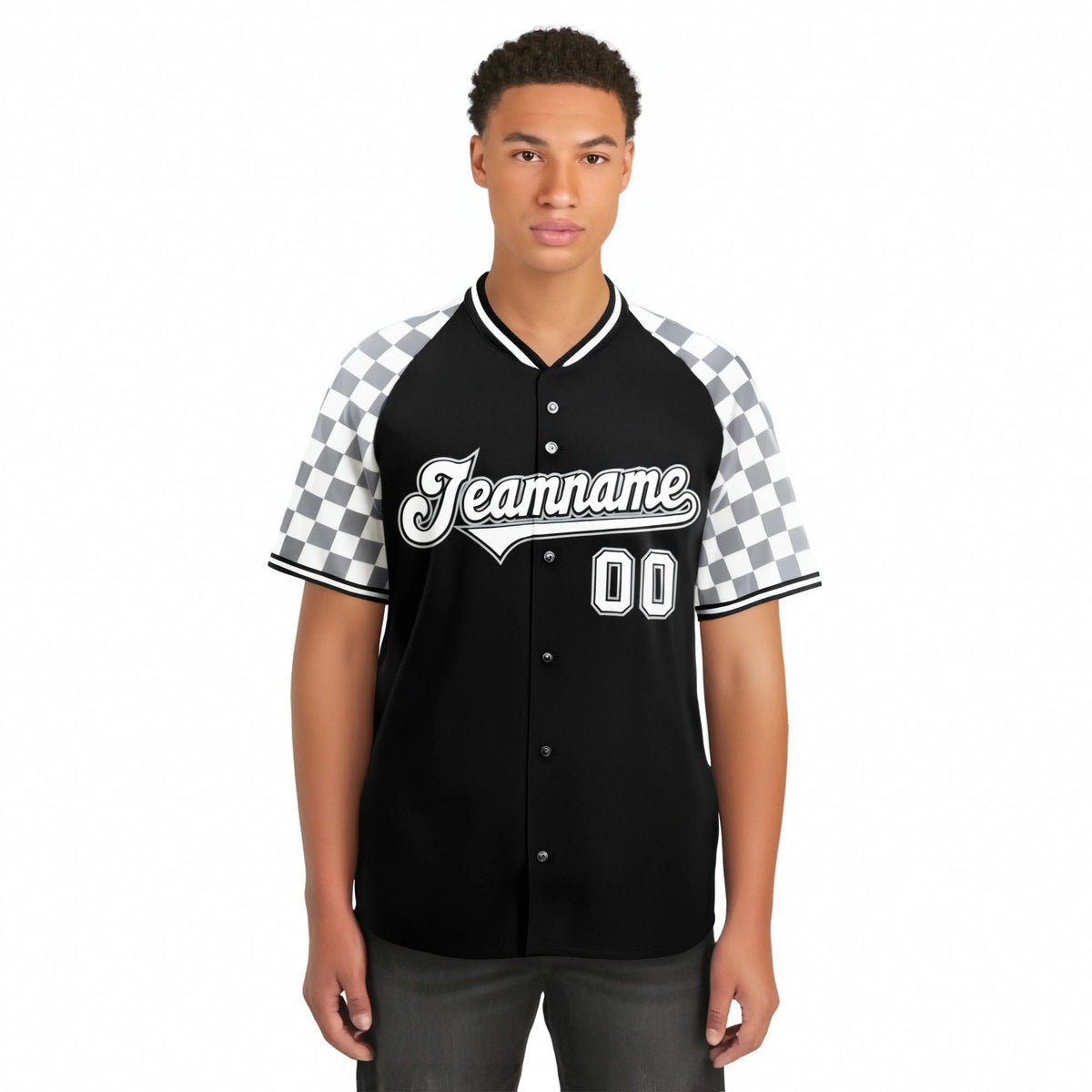 Custom Black Gray-White Authentic Plaid Sleeve Baseball Jersey