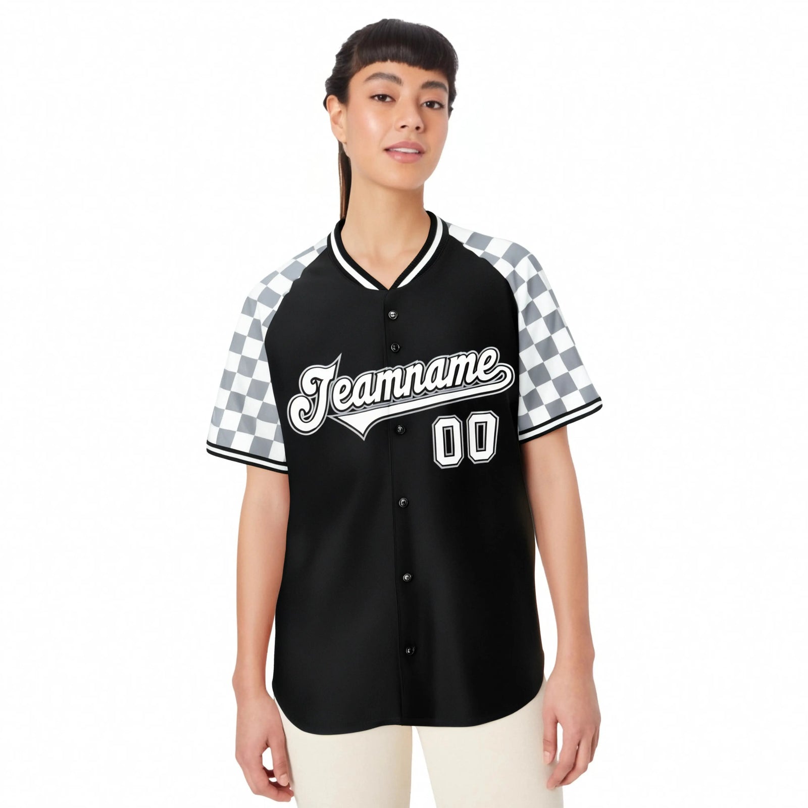 Custom Black Gray-White Authentic Plaid Sleeve Baseball Jersey