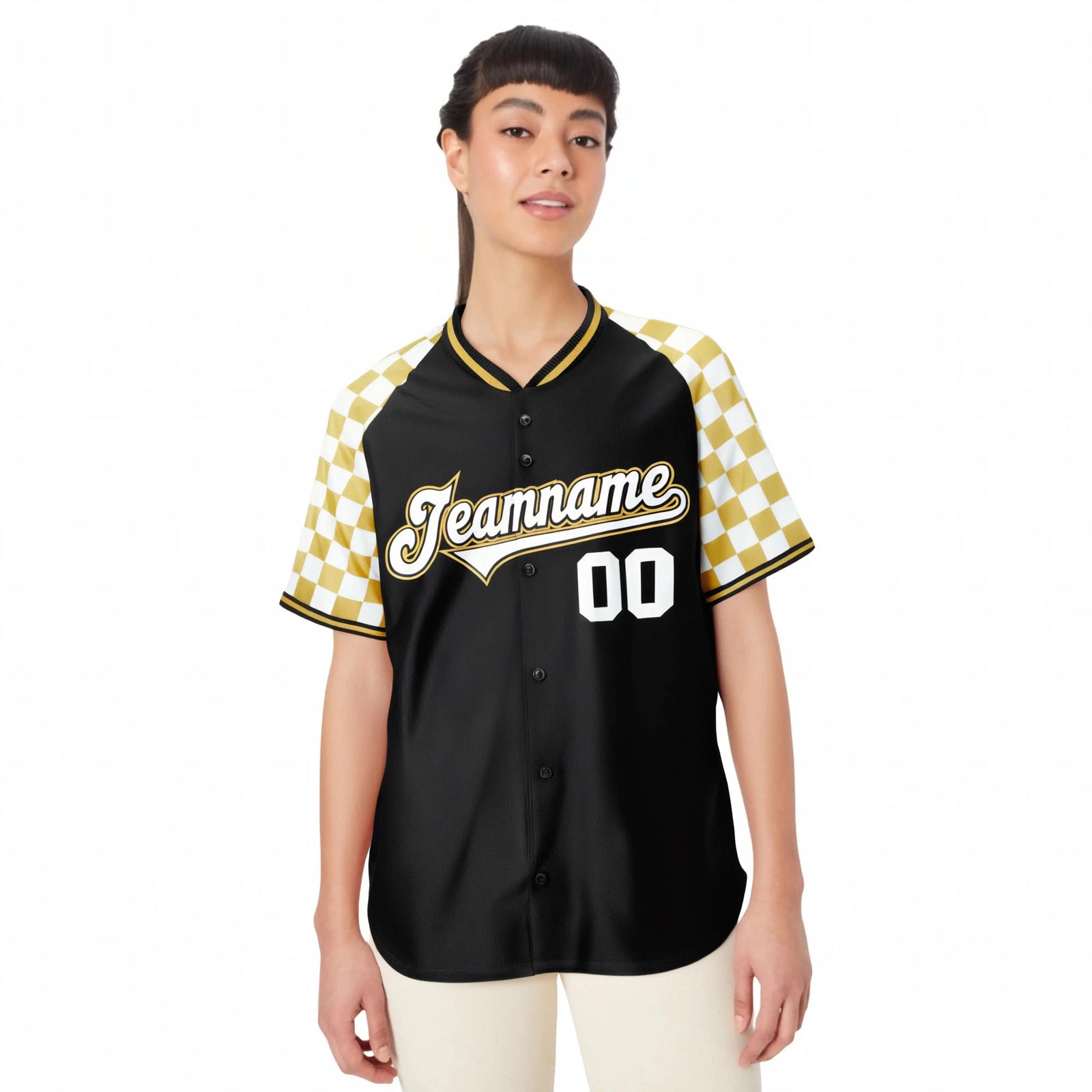 Custom Black Old Gold-White Authentic Plaid Sleeve Baseball Jersey