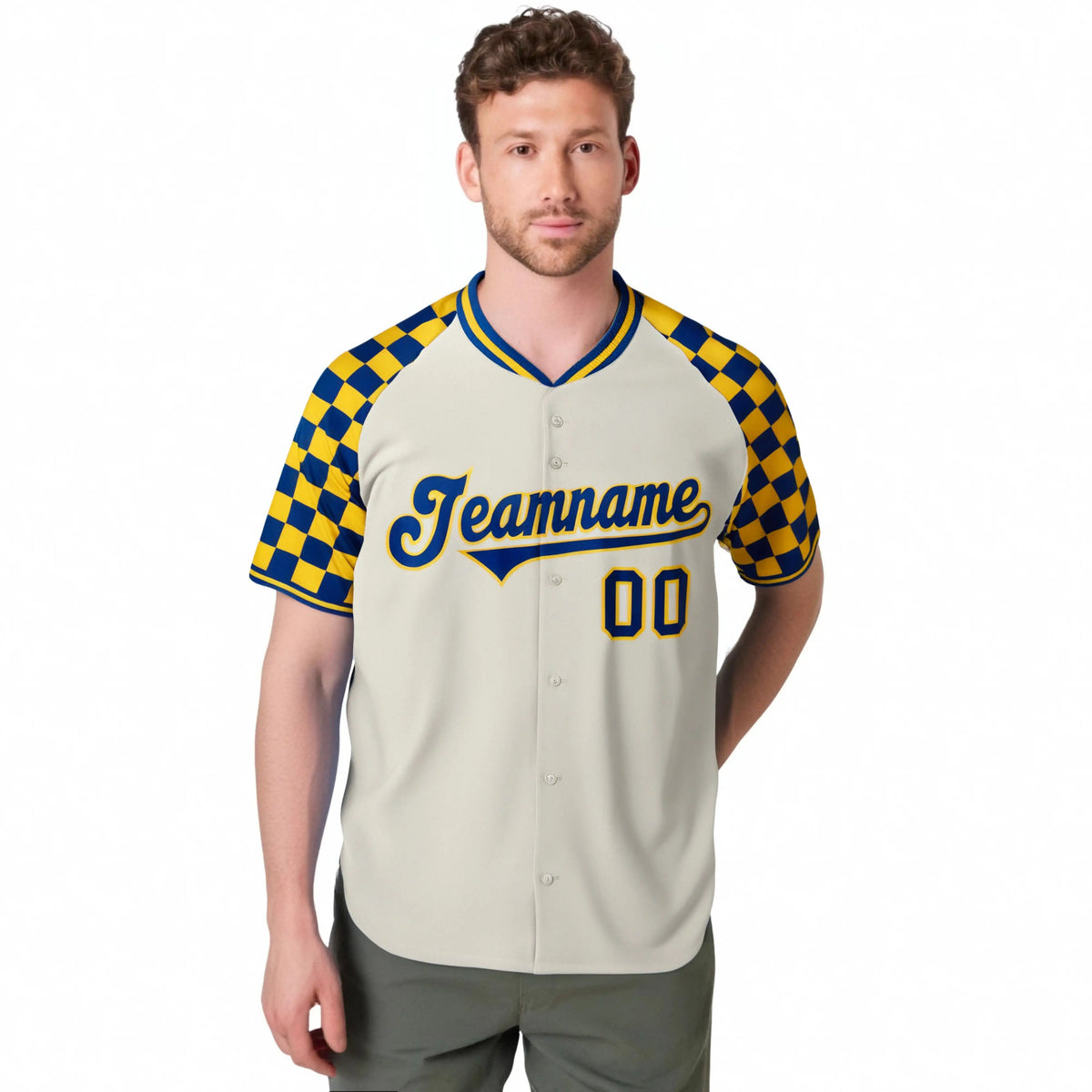 Custom Khaki Royal Blue-Gold Authentic Plaid Sleeve Baseball Jersey