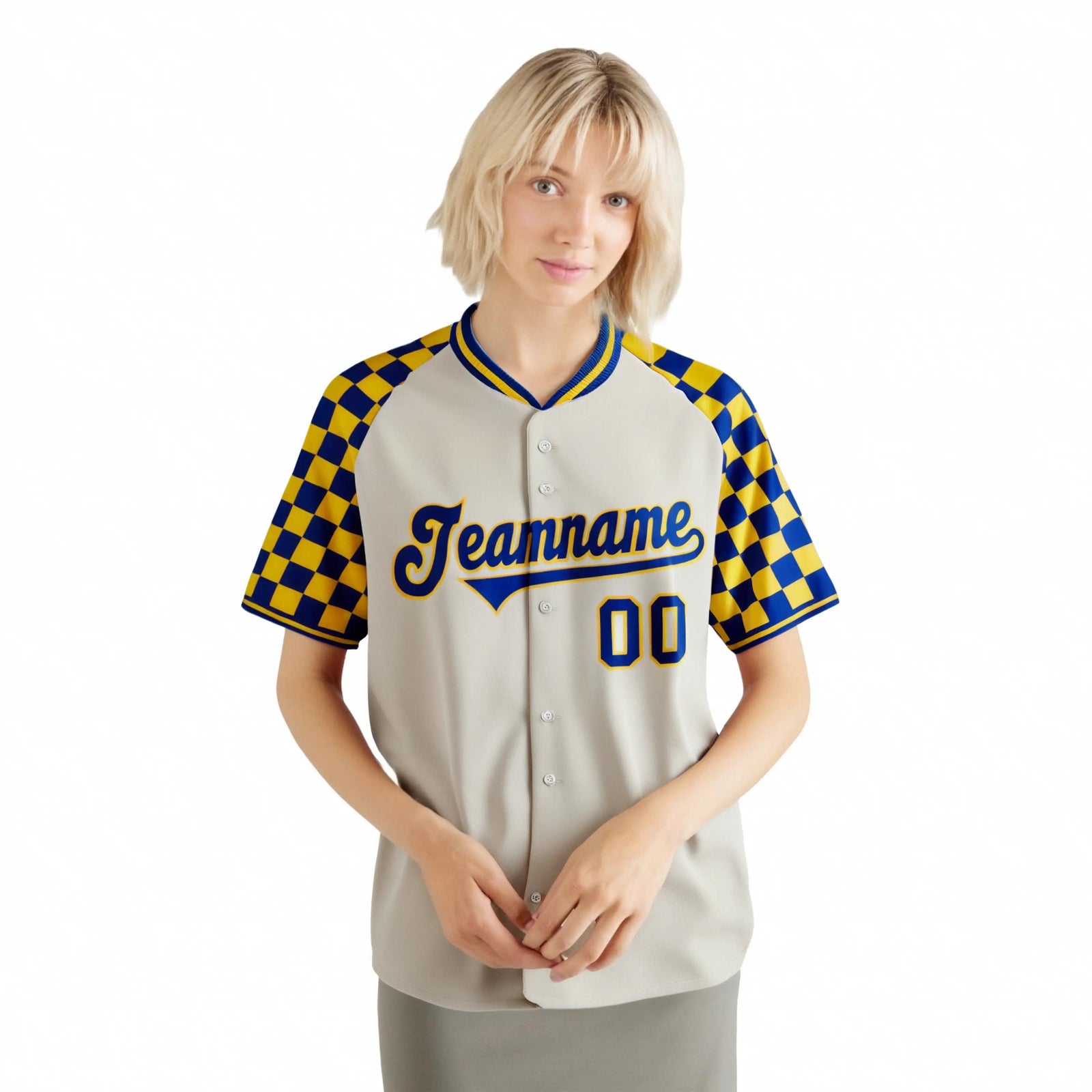 Custom Khaki Royal Blue-Gold Authentic Plaid Sleeve Baseball Jersey