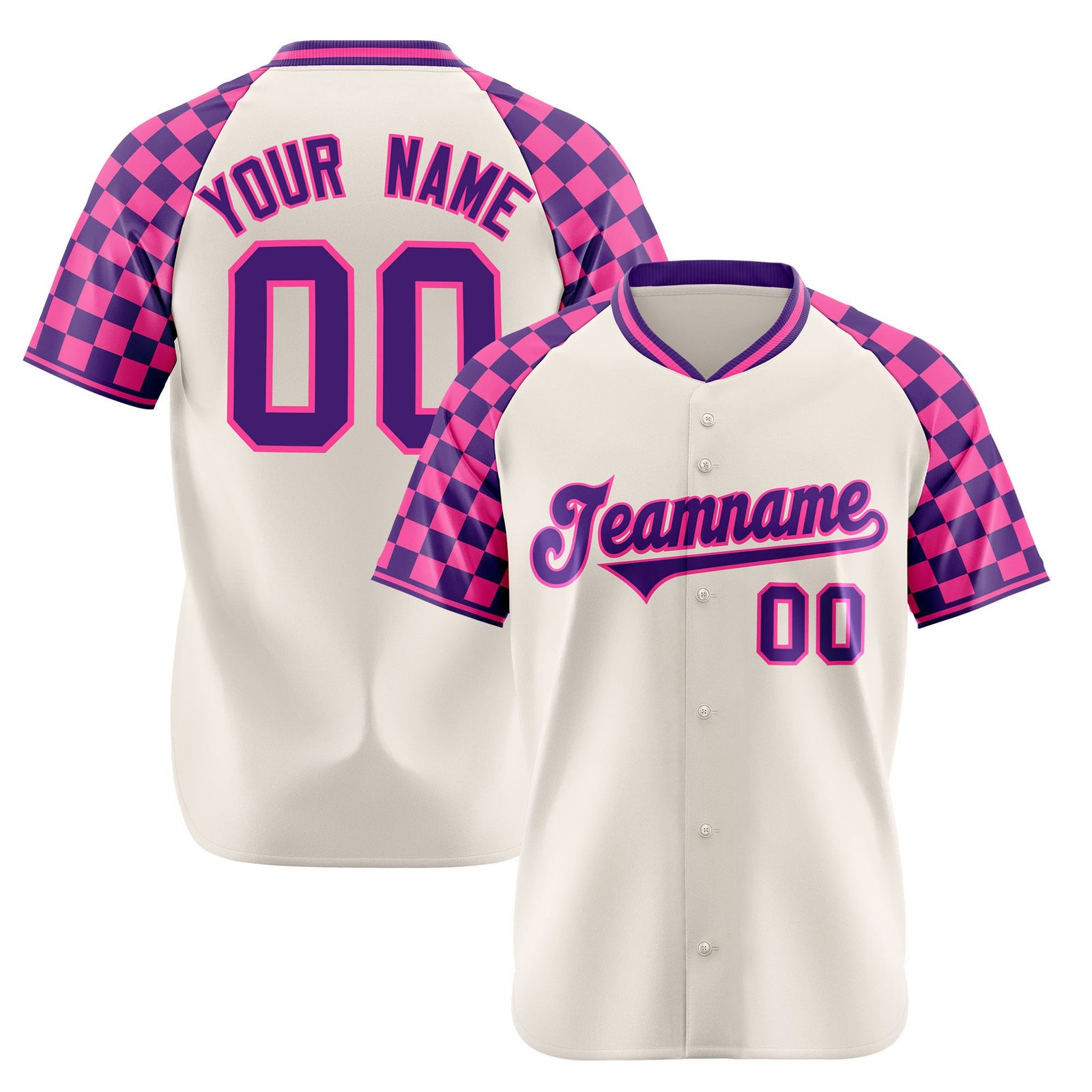 Custom Khaki Purple-Pink Authentic Plaid Sleeve Baseball Jersey