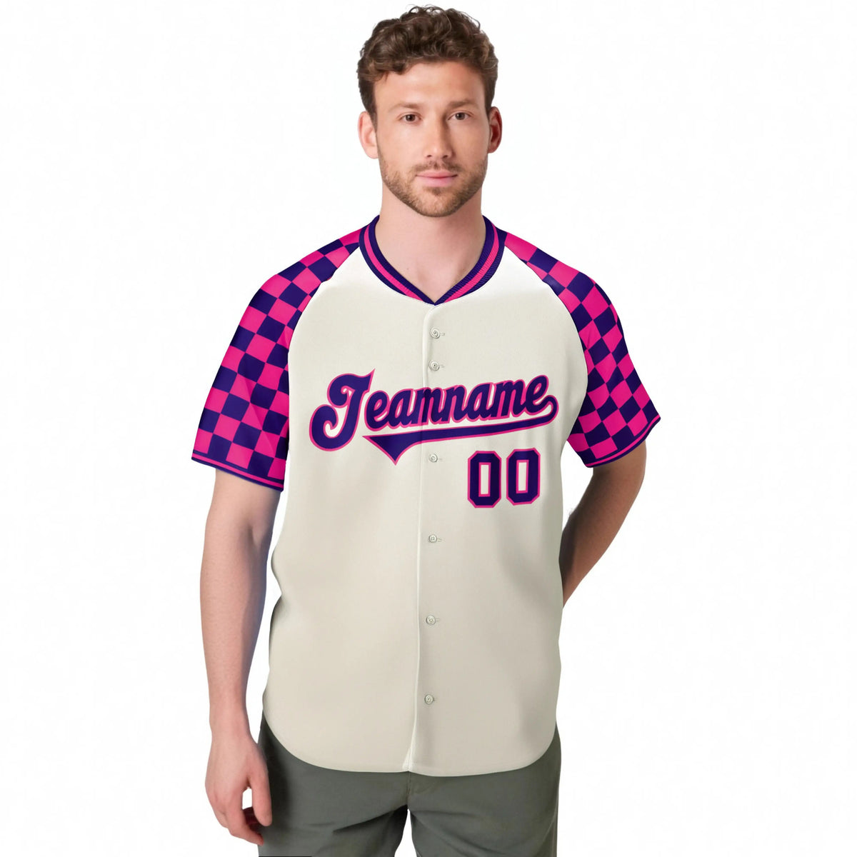 Custom Khaki Purple-Pink Authentic Plaid Sleeve Baseball Jersey