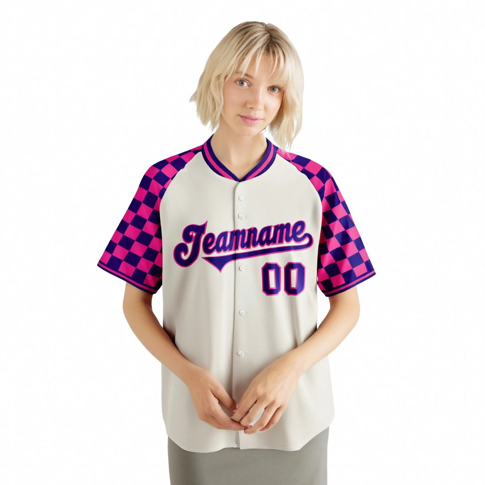 Custom Khaki Purple-Pink Authentic Plaid Sleeve Baseball Jersey