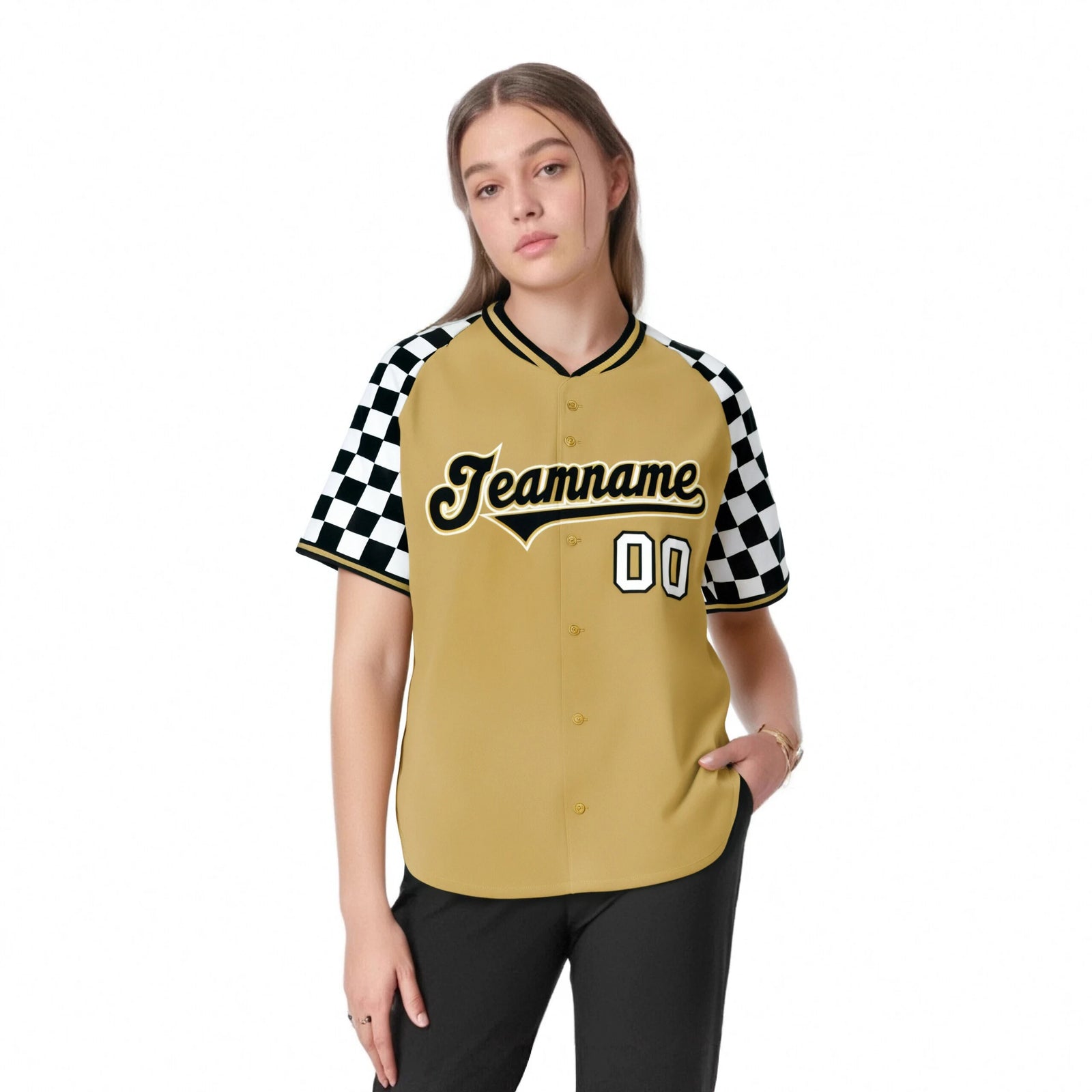 Custom Old Gold Black-White Authentic Plaid Sleeve Baseball Jersey