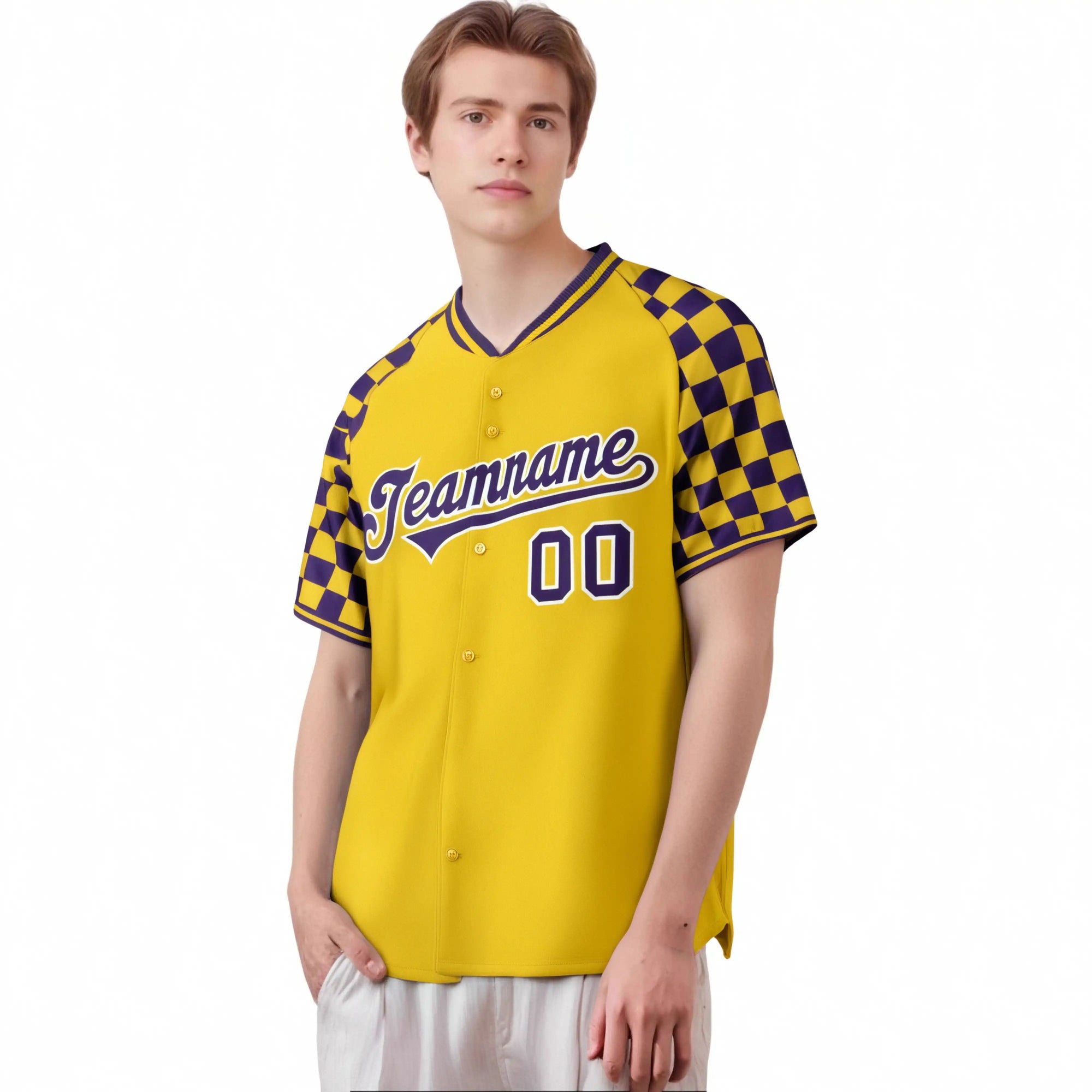 Custom Gold Purple Authentic Plaid Sleeve Baseball Jersey