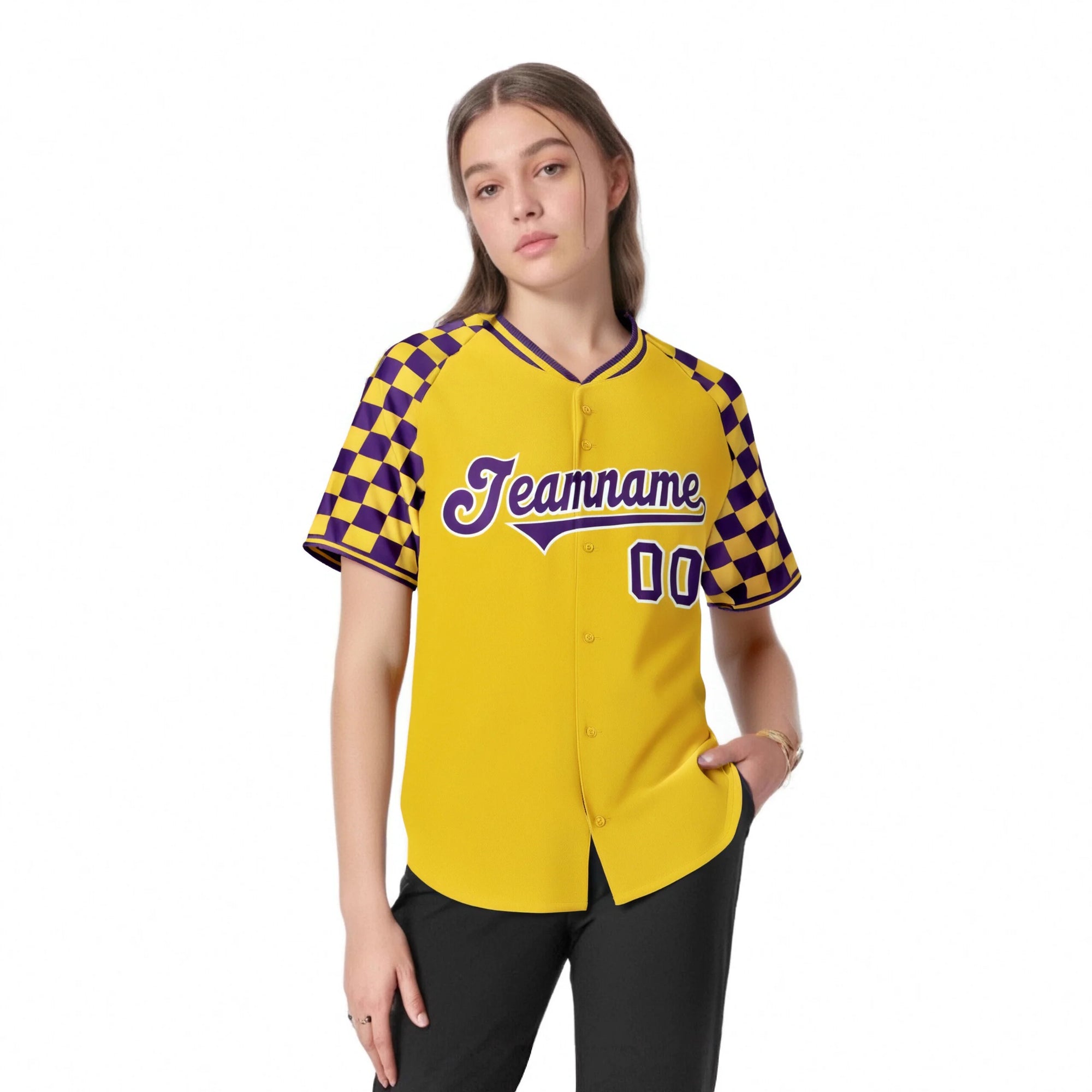 Custom Gold Purple Authentic Plaid Sleeve Baseball Jersey