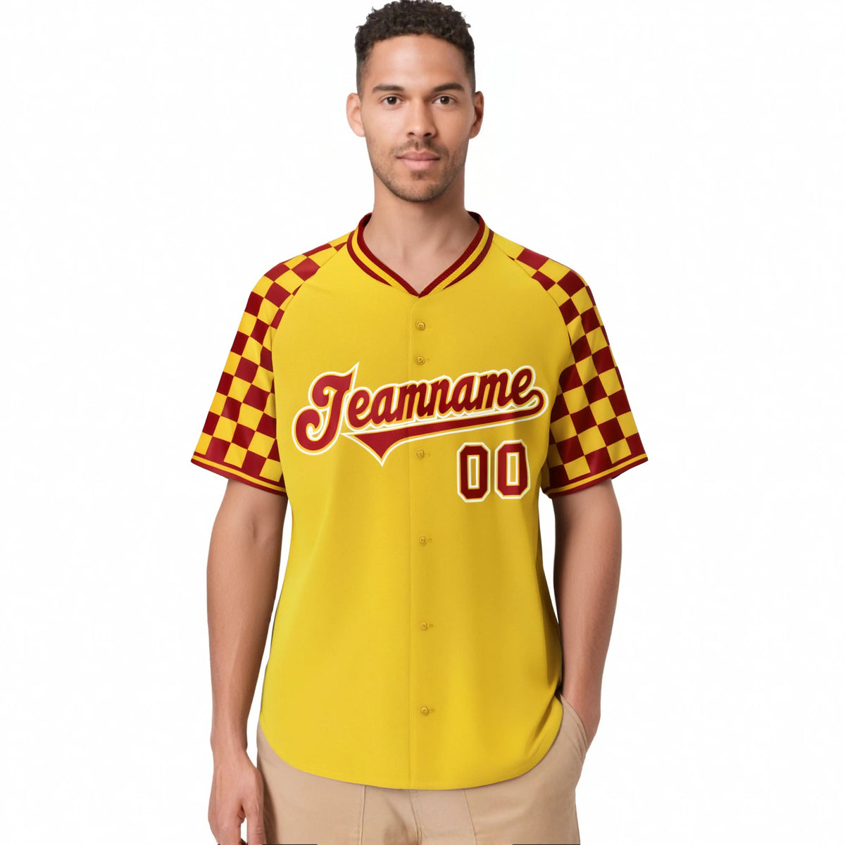 Custom Gold Red Authentic Plaid Sleeve Baseball Jersey