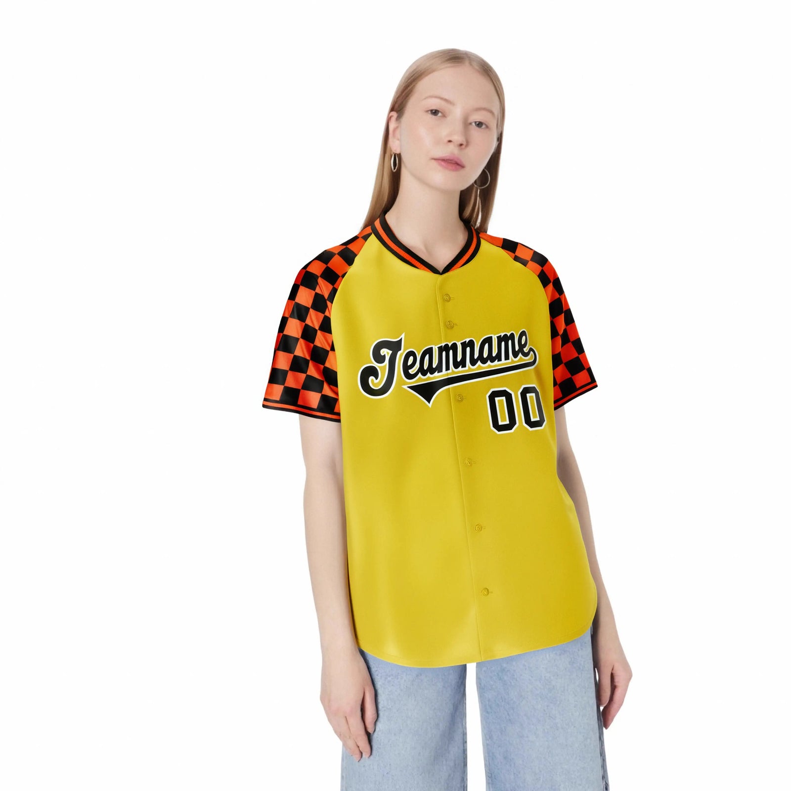 Custom Gold Black-Orange Authentic Plaid Sleeve Baseball Jersey
