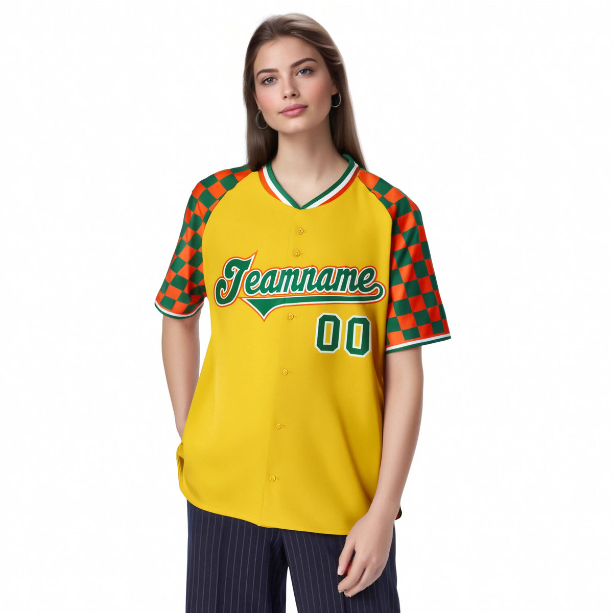 Custom Gold Kelly Green-Orange Authentic Plaid Sleeve Baseball Jersey