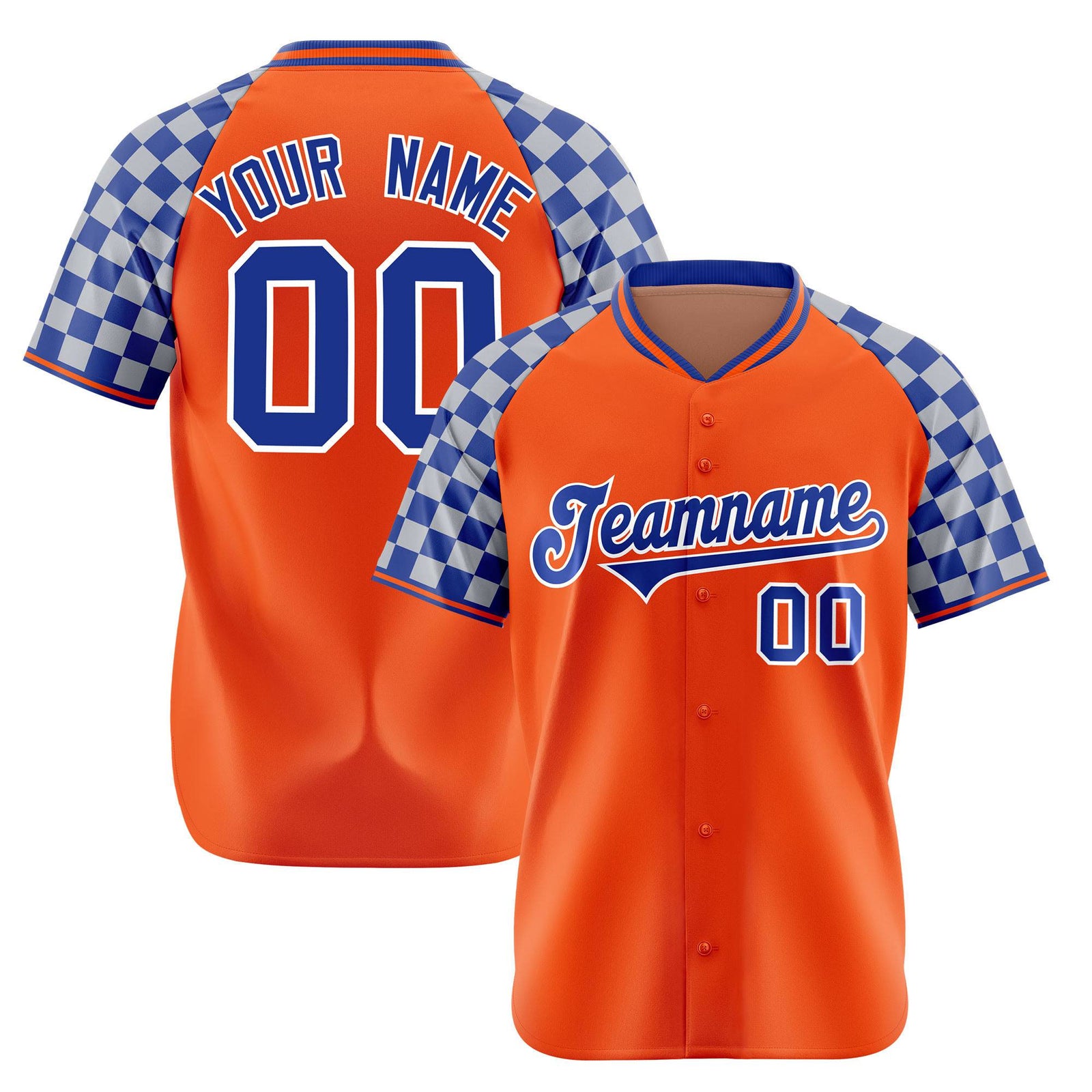 Custom Orange Royal Blue-Gray Authentic Plaid Sleeve Baseball Jersey