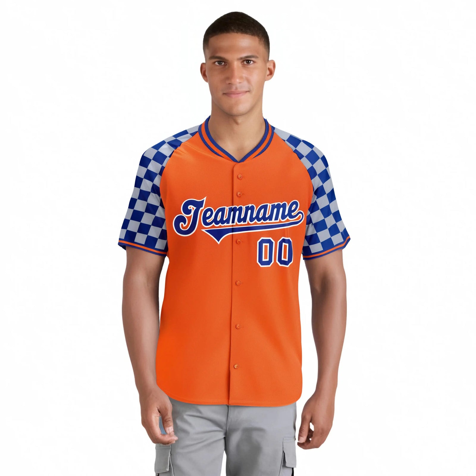 Custom Orange Royal Blue-Gray Authentic Plaid Sleeve Baseball Jersey