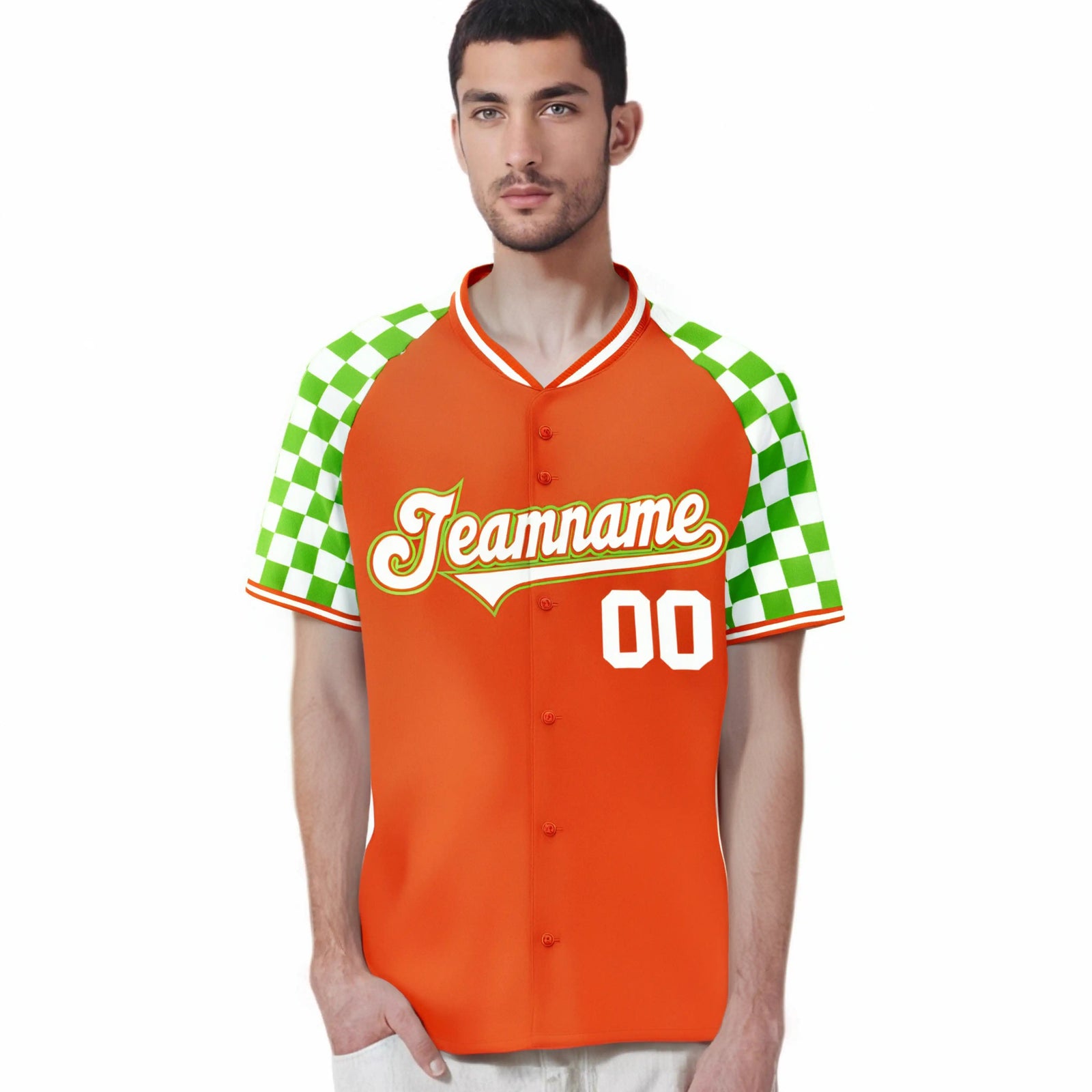 Custom Orange White-Neon Green Authentic Plaid Sleeve Baseball Jersey